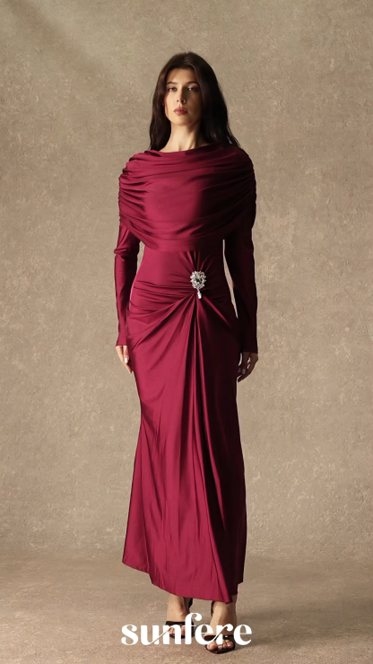 Designed Moments Burgundy Crystal Accent Ruched Maxi Dress
