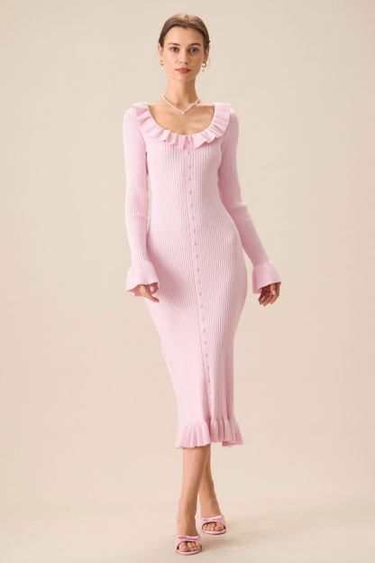 Valerie U-Neck Ruffle Midi Knit Dress