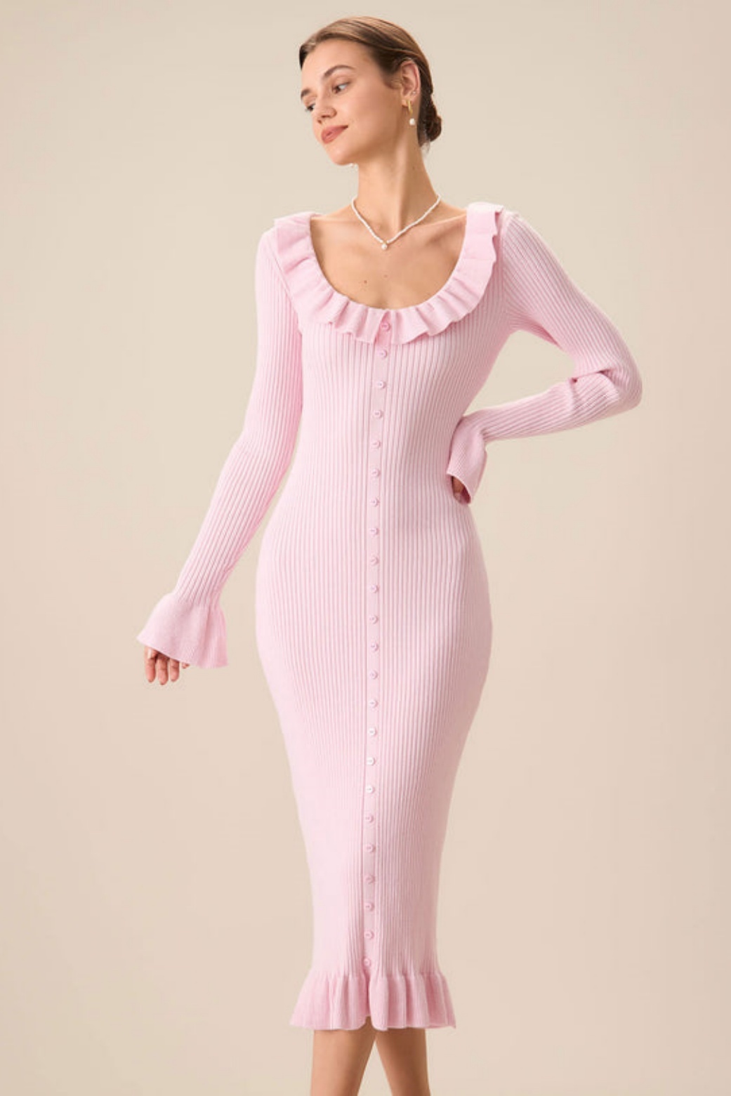 Valerie U-Neck Ruffle Midi Knit Dress