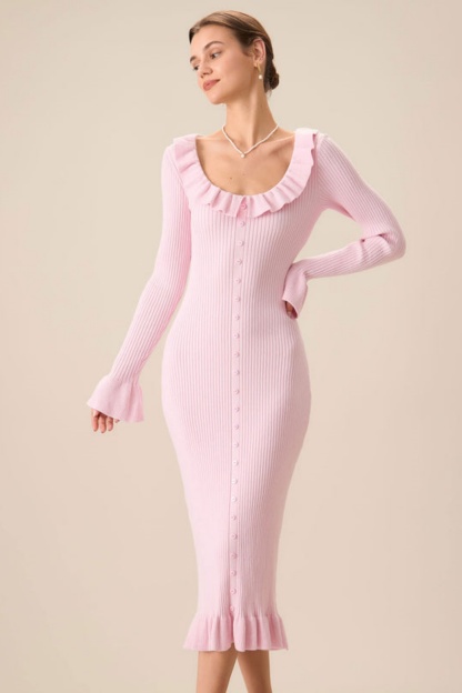 Valerie U-Neck Ruffle Midi Knit Dress
