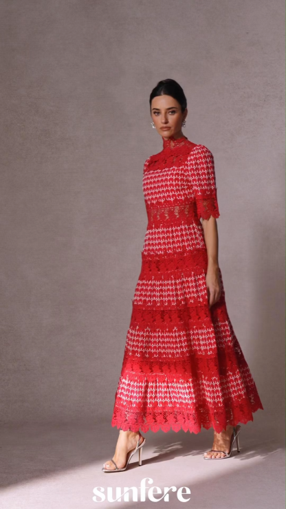 Sabrina Embroidered Lace Short Sleeve Midi Dress