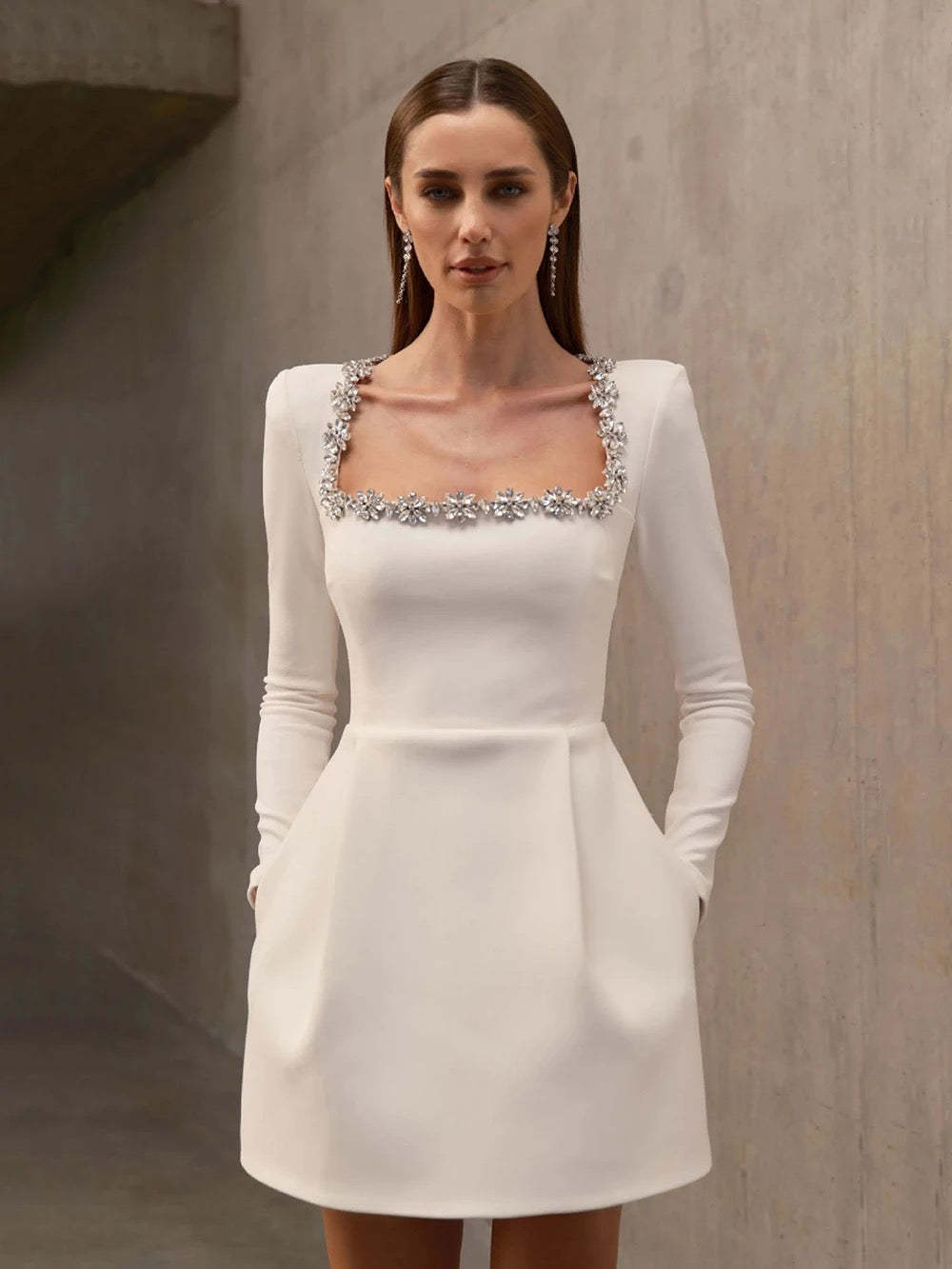 Alexia Square Collar Rhinestone Trim Mini Dress