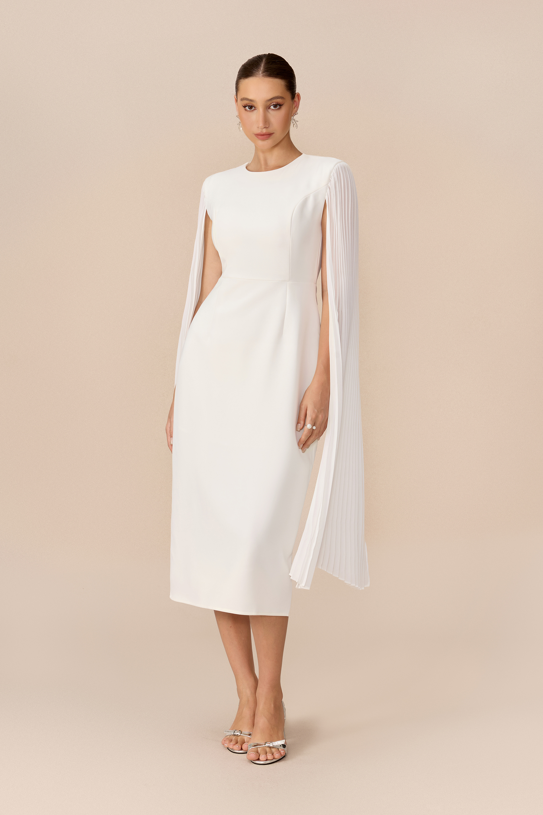 Pure Elegance White Pleated Cape Round Neck Midi Dress