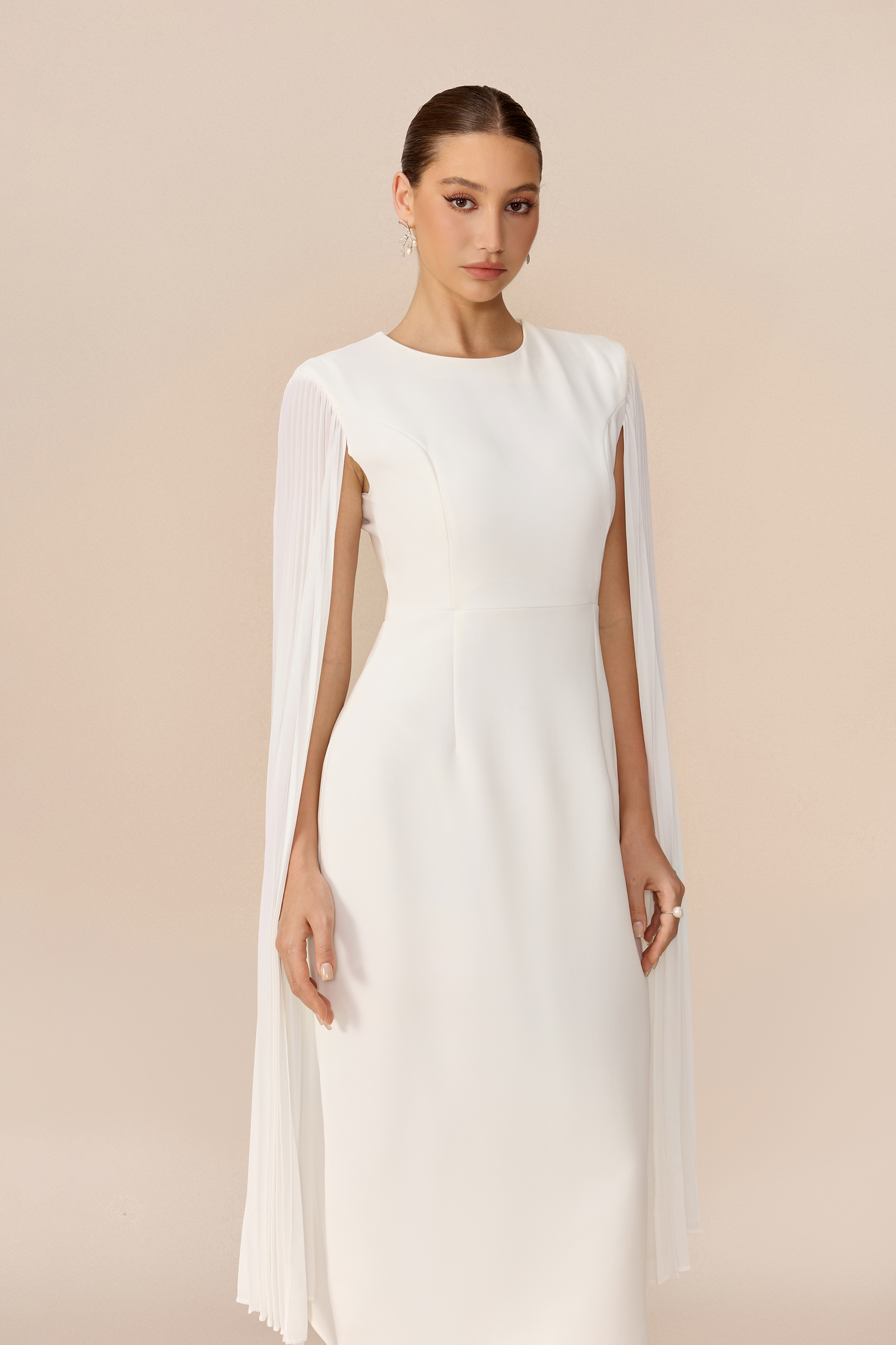 Pure Elegance White Pleated Cape Round Neck Midi Dress