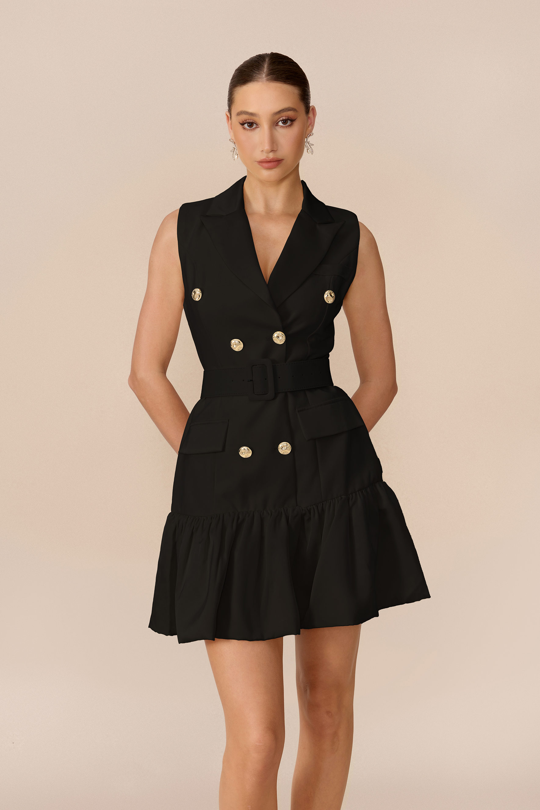 Polished Playful Black Double Breasted Ruffle Hem Mini Dress