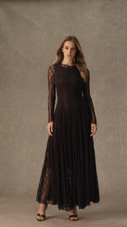 Momentous Moments Black Sheer Lace Pleated Maxi Dress