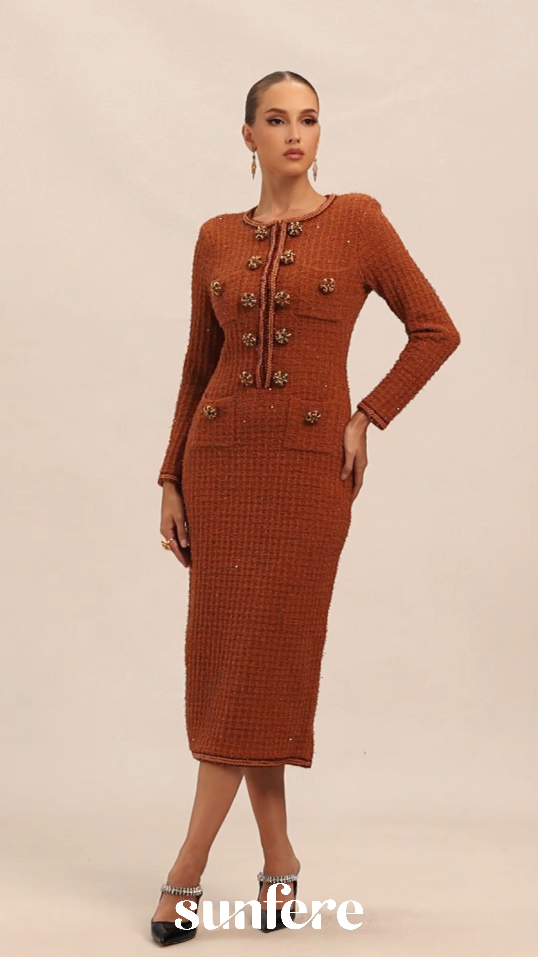 Cultivated Poise Brown Crystal Button Tweed Midi Dress