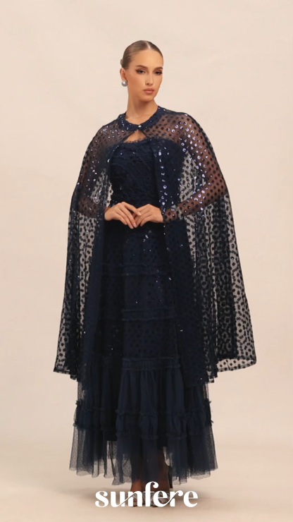 Enchanting Midnight Dark Blue Sequin Embellished Maxi Dress & Cape Set