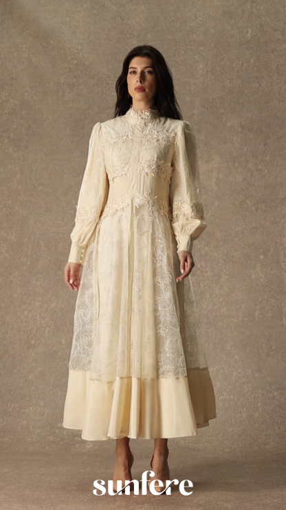 Deep Dreams Beige Lace Embroidered Lantern Sleeve Maxi Dress