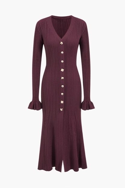 Bernice V-neck Flare Cuffs Knit Midi Dress
