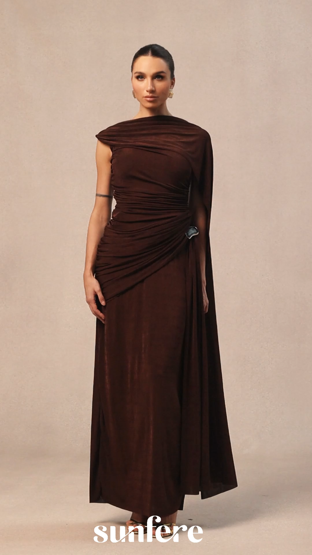 Aubrie One Shoulder Draped Cape Maxi Dress