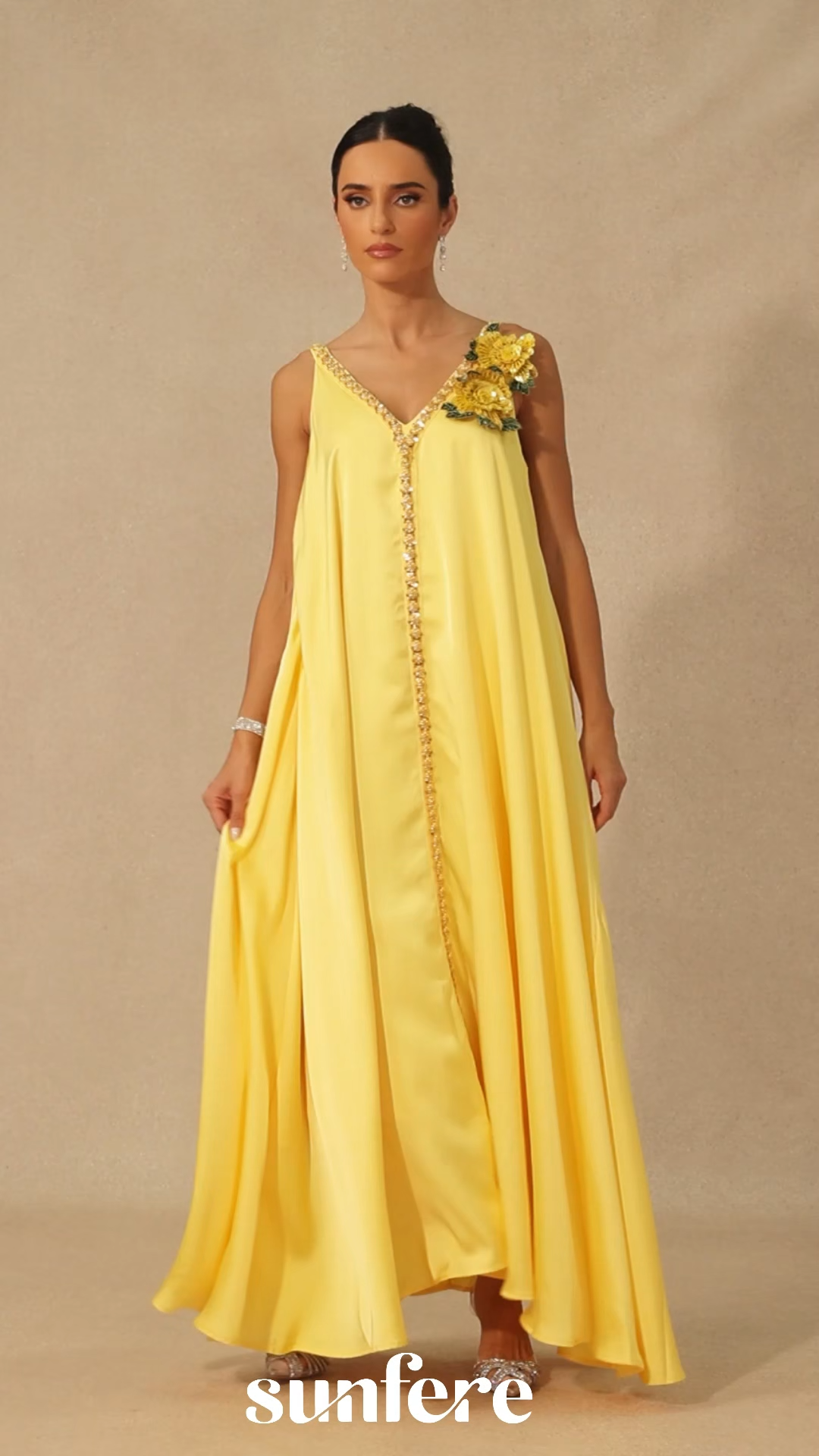 Sienna Floral Embroidered V-neck Satin Maxi Dress