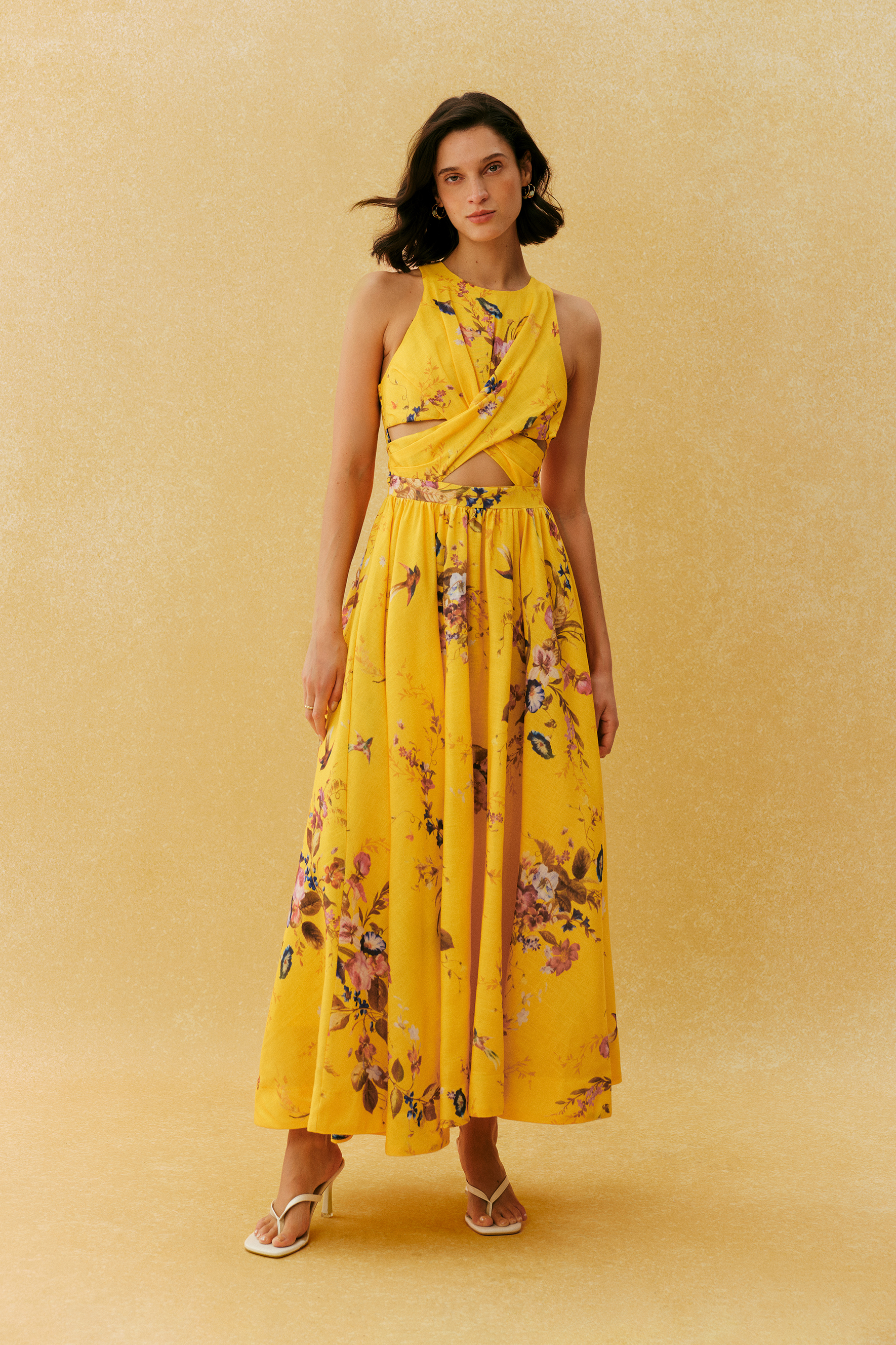 Holiday Mood Yellow Floral Print Cutout Maxi Dress