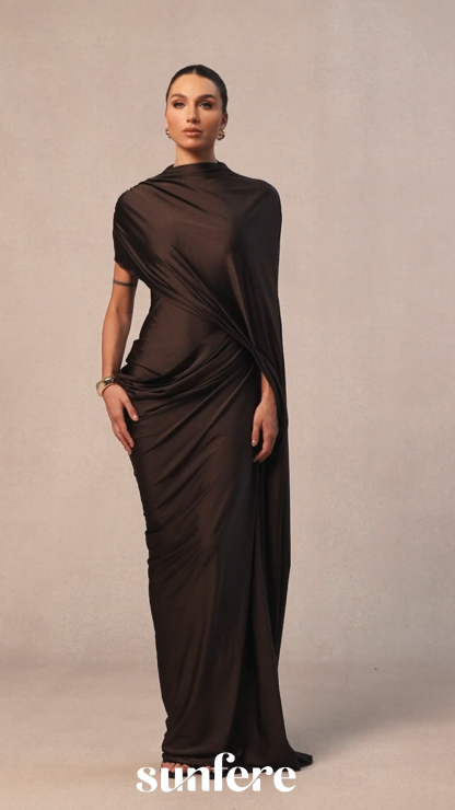 Melina Asymmetric Sleeve Drape Maxi Dress