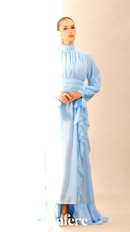 Luna Balloon Sleeve Ruffle Detail Chiffon Maxi Dress