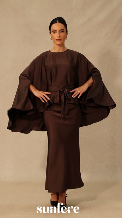 Astera Cape Sleeve Top & Satin Skirt Set