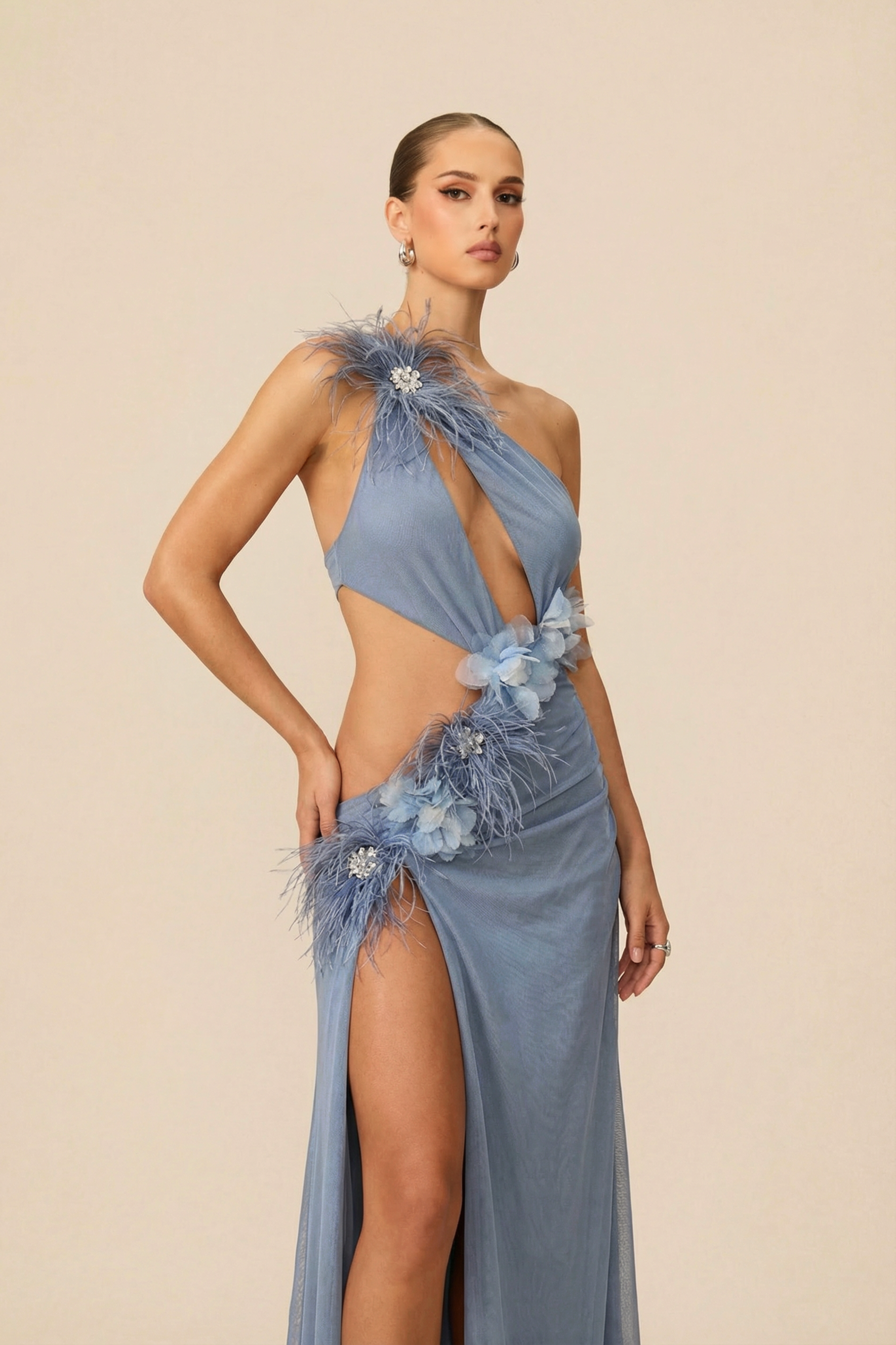 Exceptional Moments Blue Feather Floral Cutout Maxi Dress