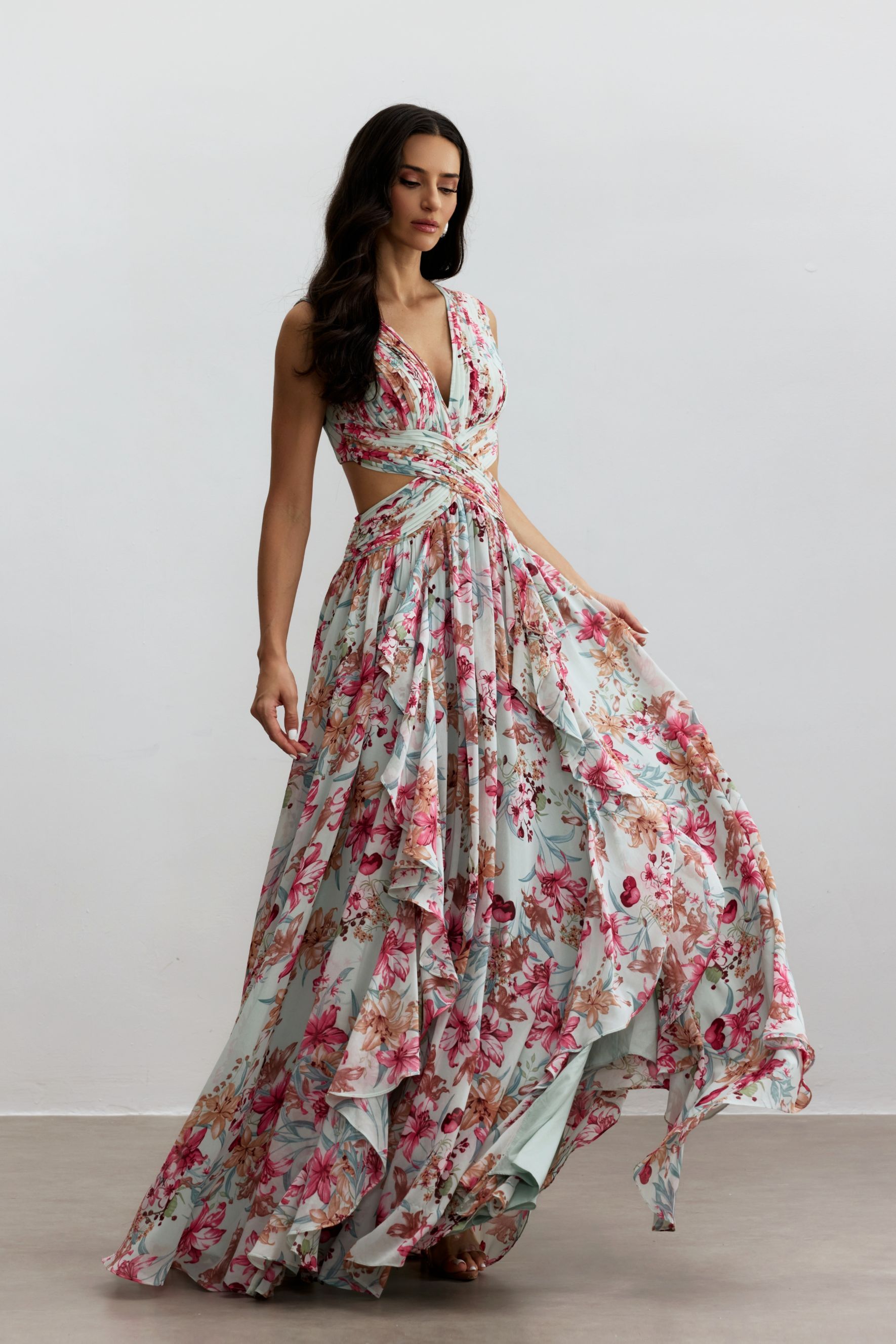 Anila Printed Pleated Ruffle Maxi Dress