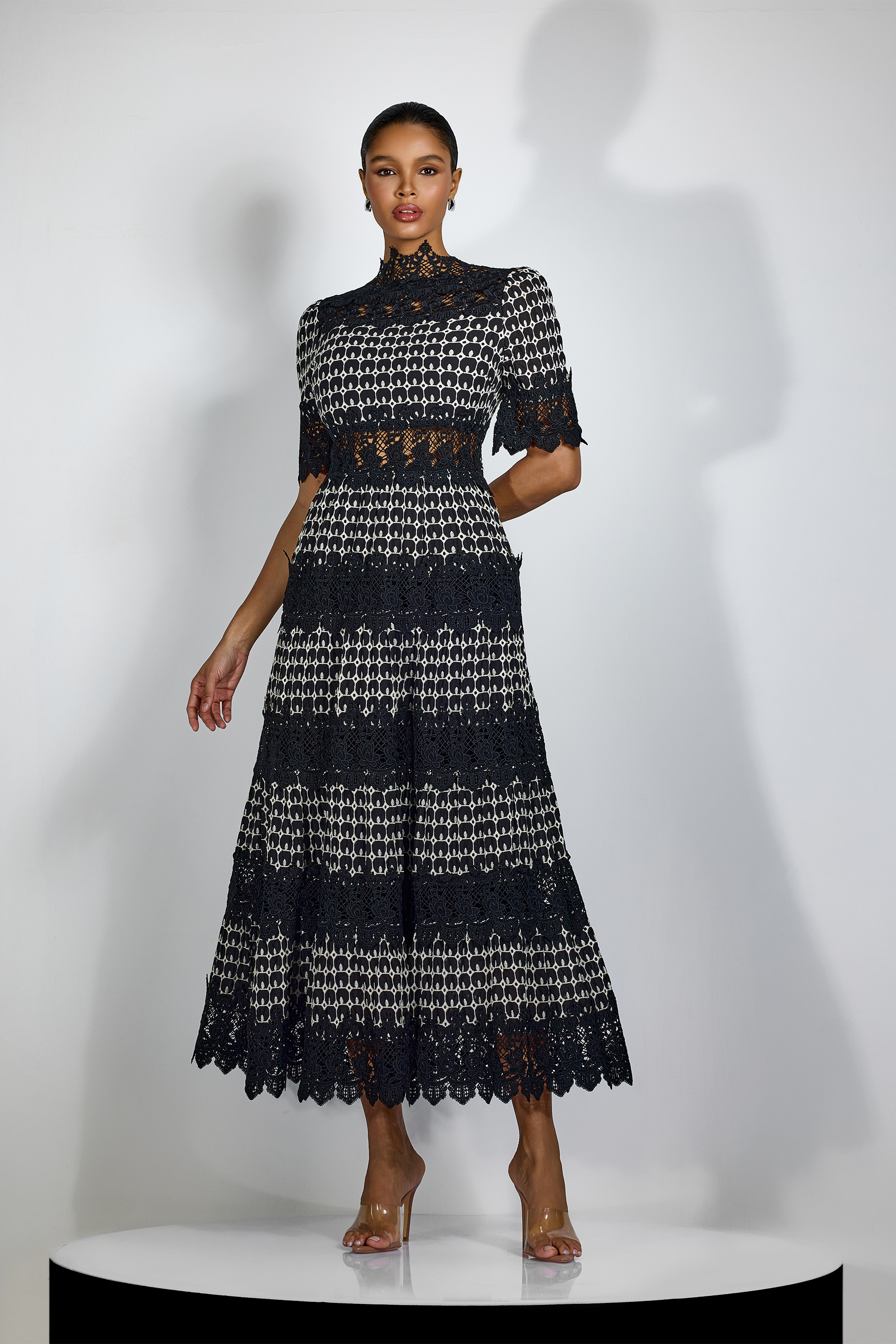 Sabrina Embroidered Lace Short Sleeve Midi Dress