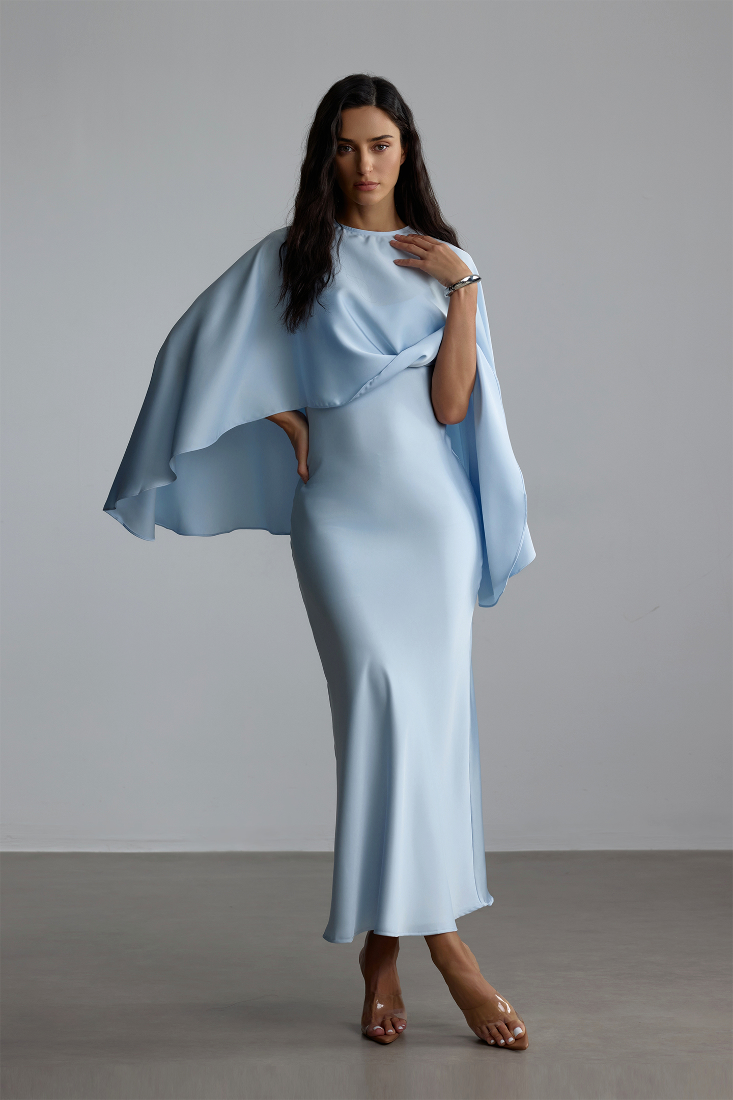 Helen Spaghetti Strap Maxi Dress With Satin Cape