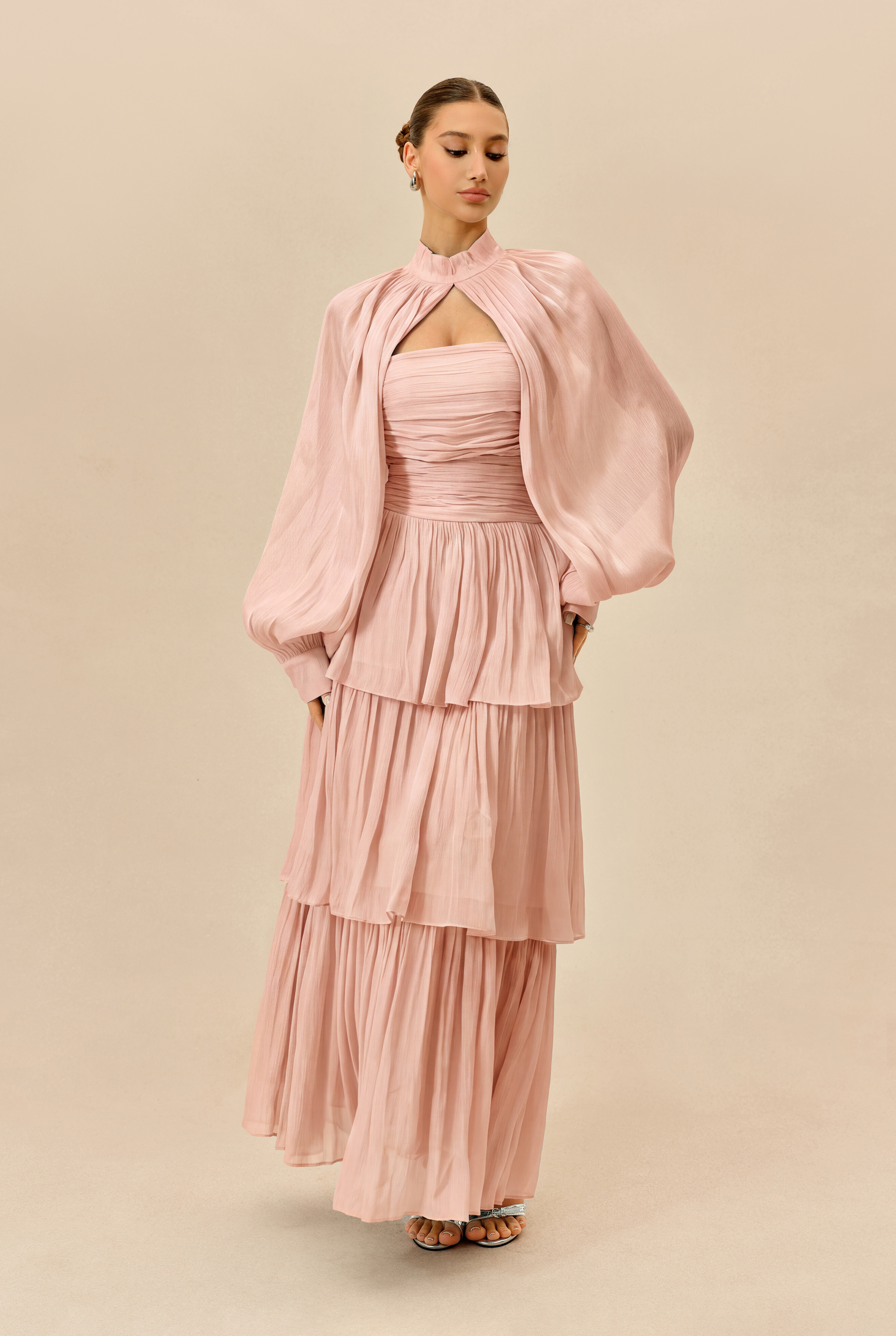 Something Lovely Pink Detachable Sleeve Tiered Maxi Dress
