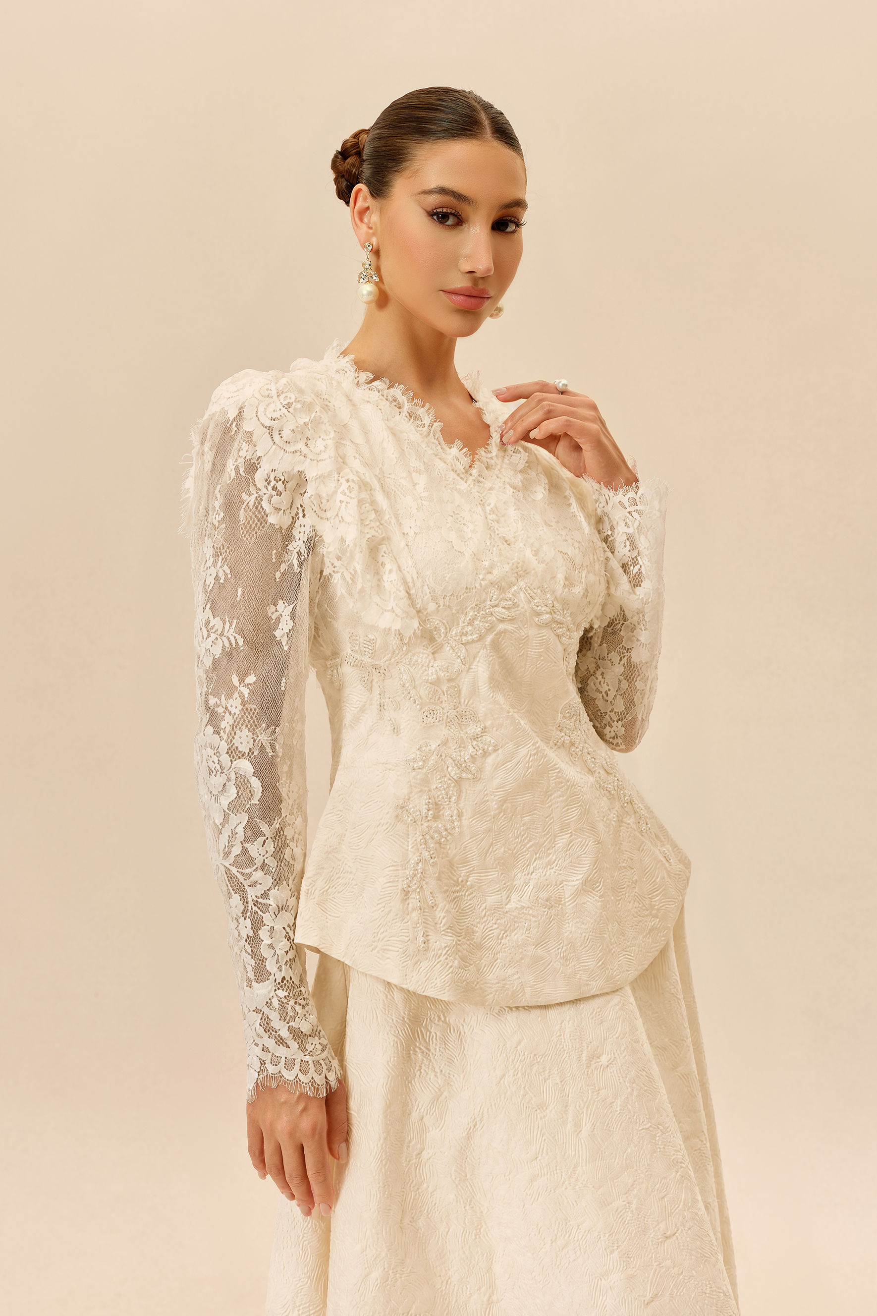 First Impression Apricot Beaded Embroidery Jacket & Skirt Set