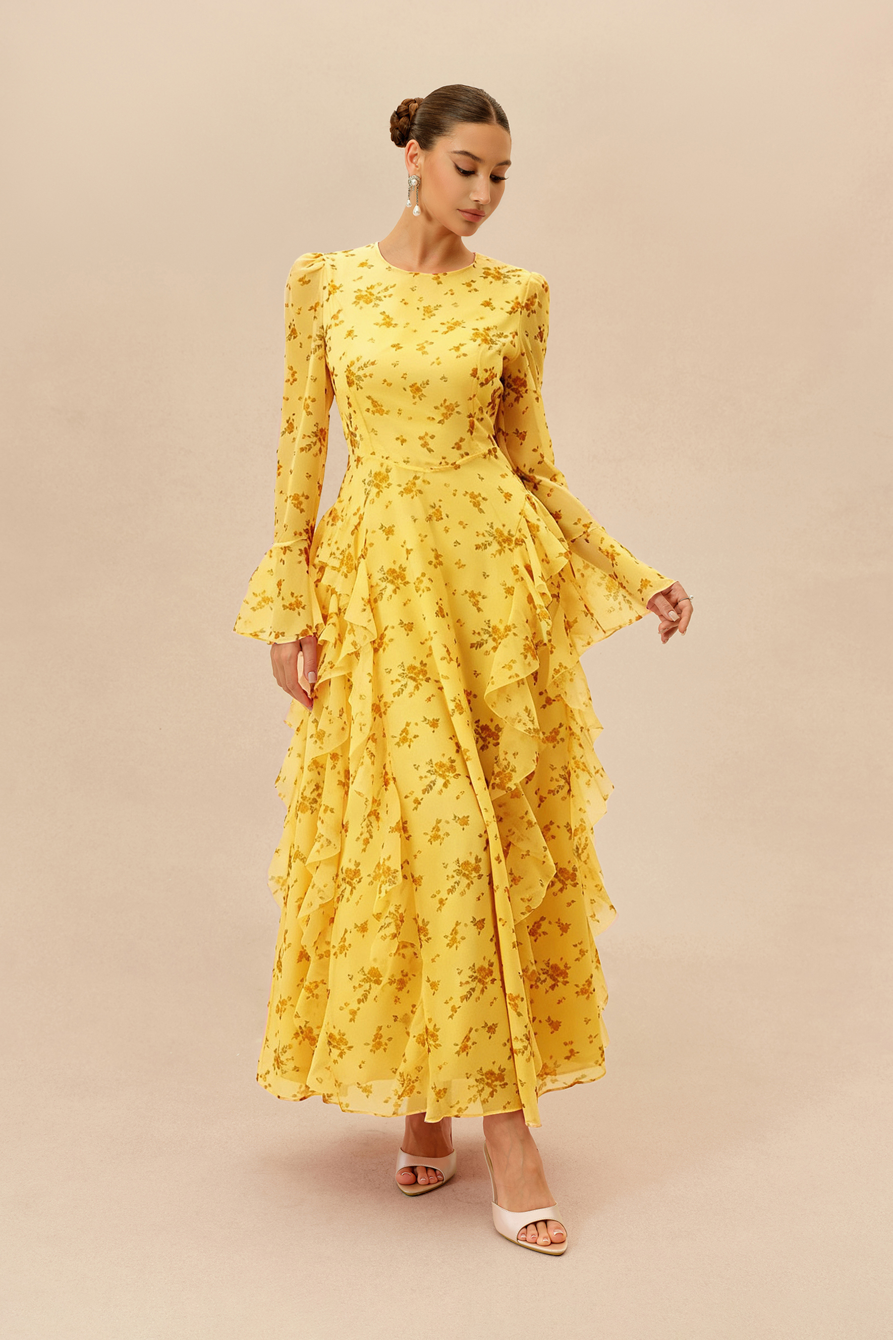 Sweet Serenade Yellow Floral Print Ruffle Tiered Maxi Dress