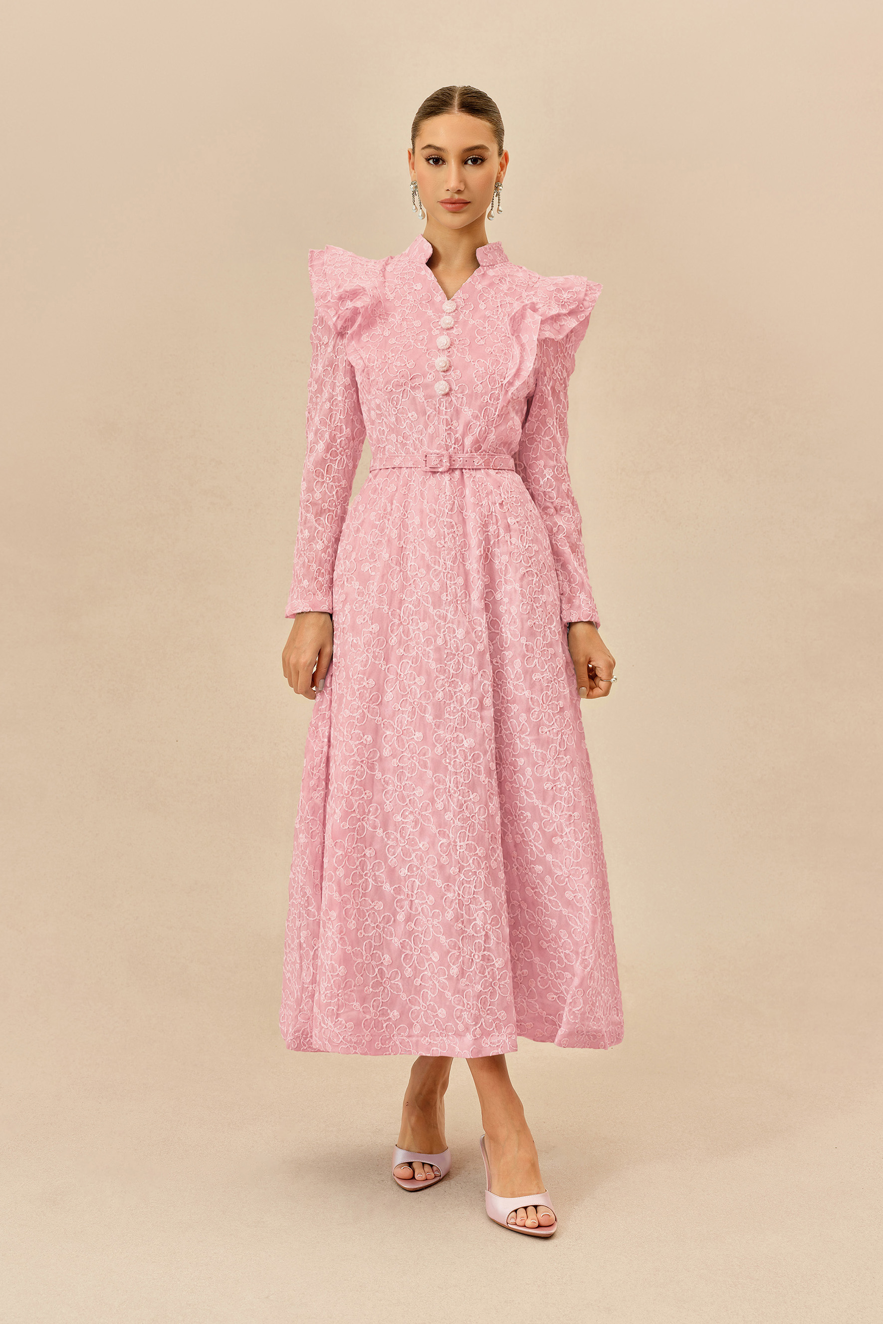 Casual Daydream Pink Floral Embroidery Ruffle Shoulder Maxi Dress