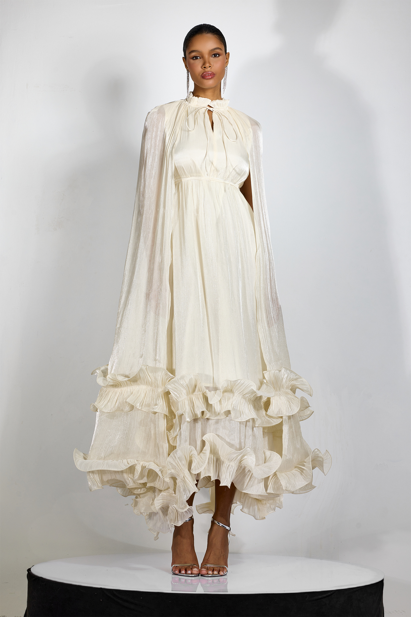 Shirley Ruffled Midi Dress | Tiered Cape Style - sunfere