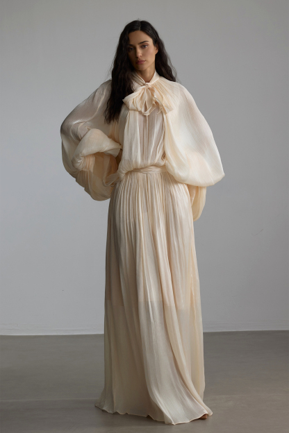 Eliza Tie Neck Puff Sleeve Maxi Dress