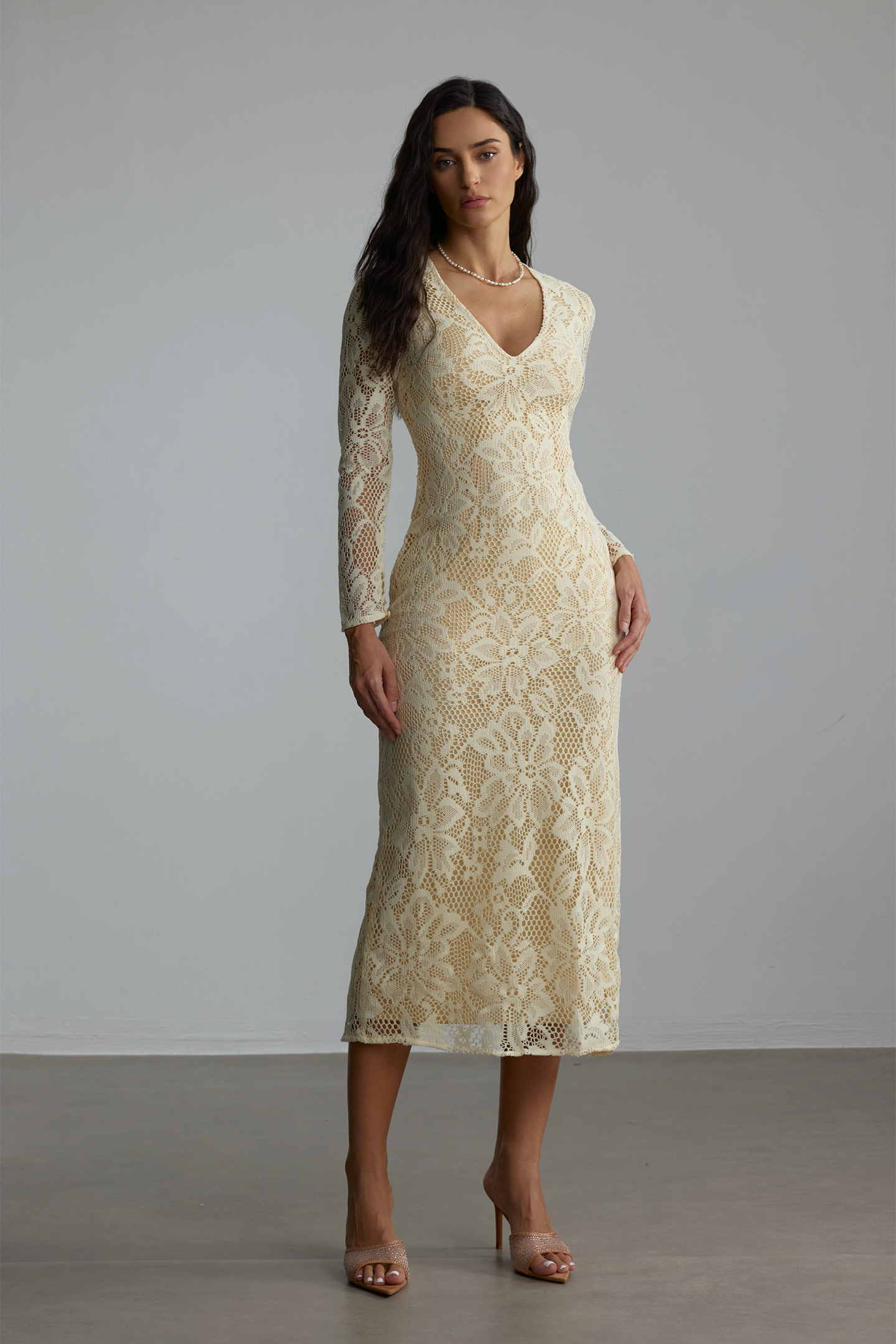 Olivia V-neck Long Sleeve Lace Midi Dress