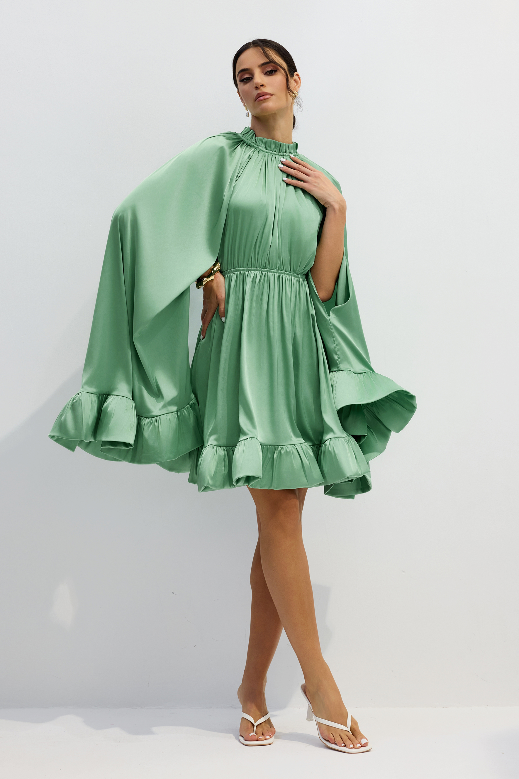 Octavia Cape Sleeve Ruffle Hem Mini Dress