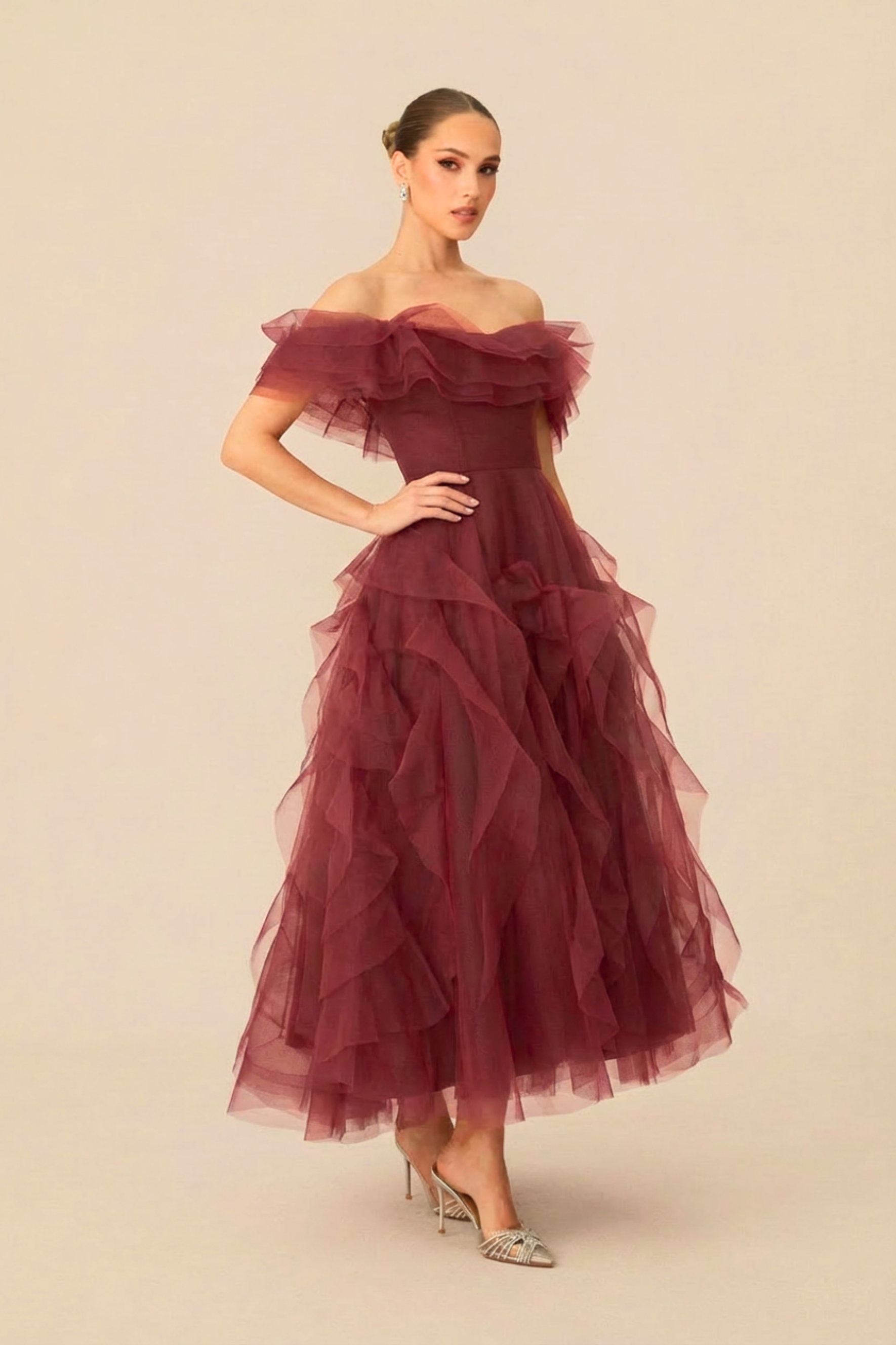 Truly Extraordinary Burgundy Off Shoulder Tiered Ruffle Organza Maxi Dress