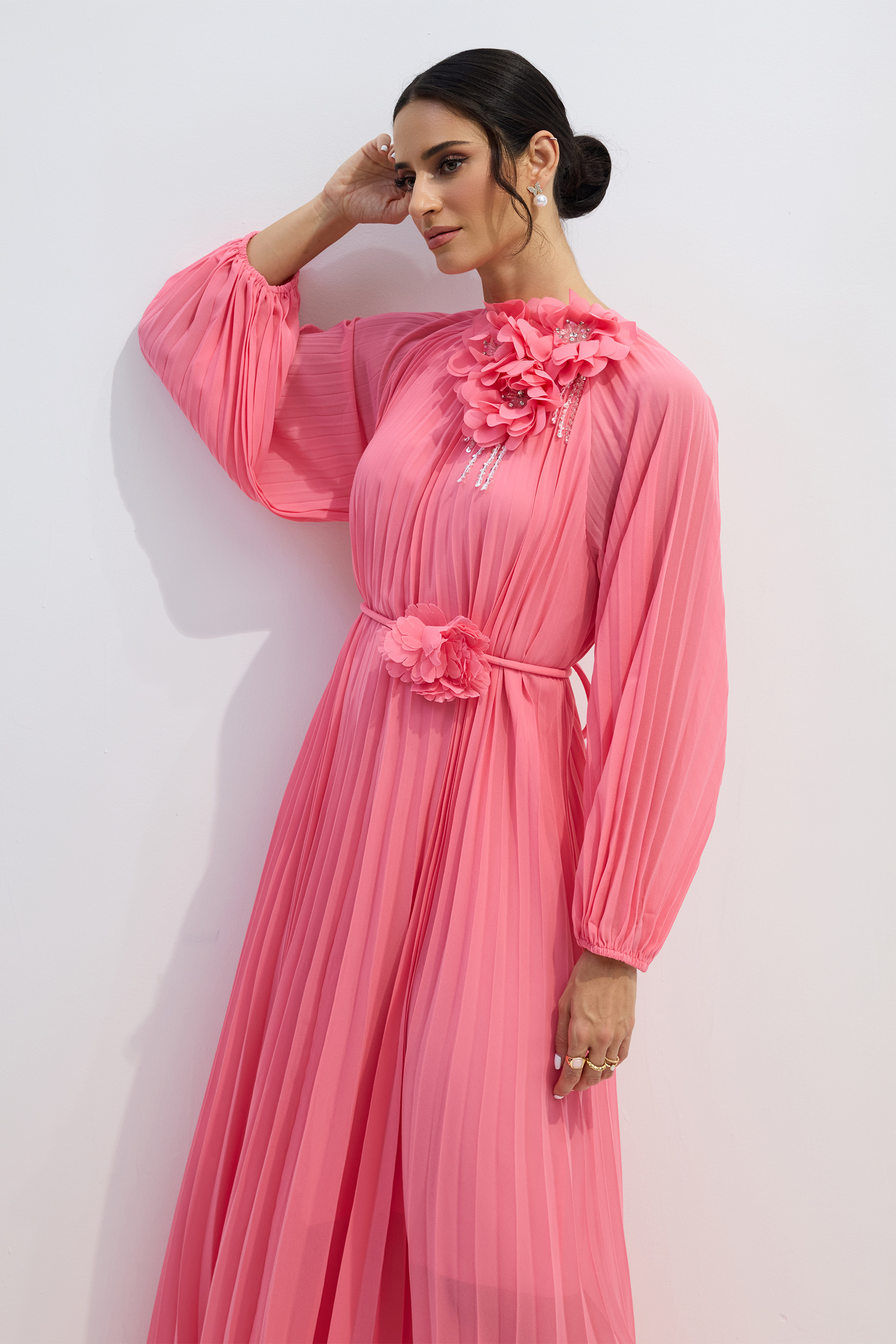 Irene Floral Applique Pleated Chiffon Maxi Dress