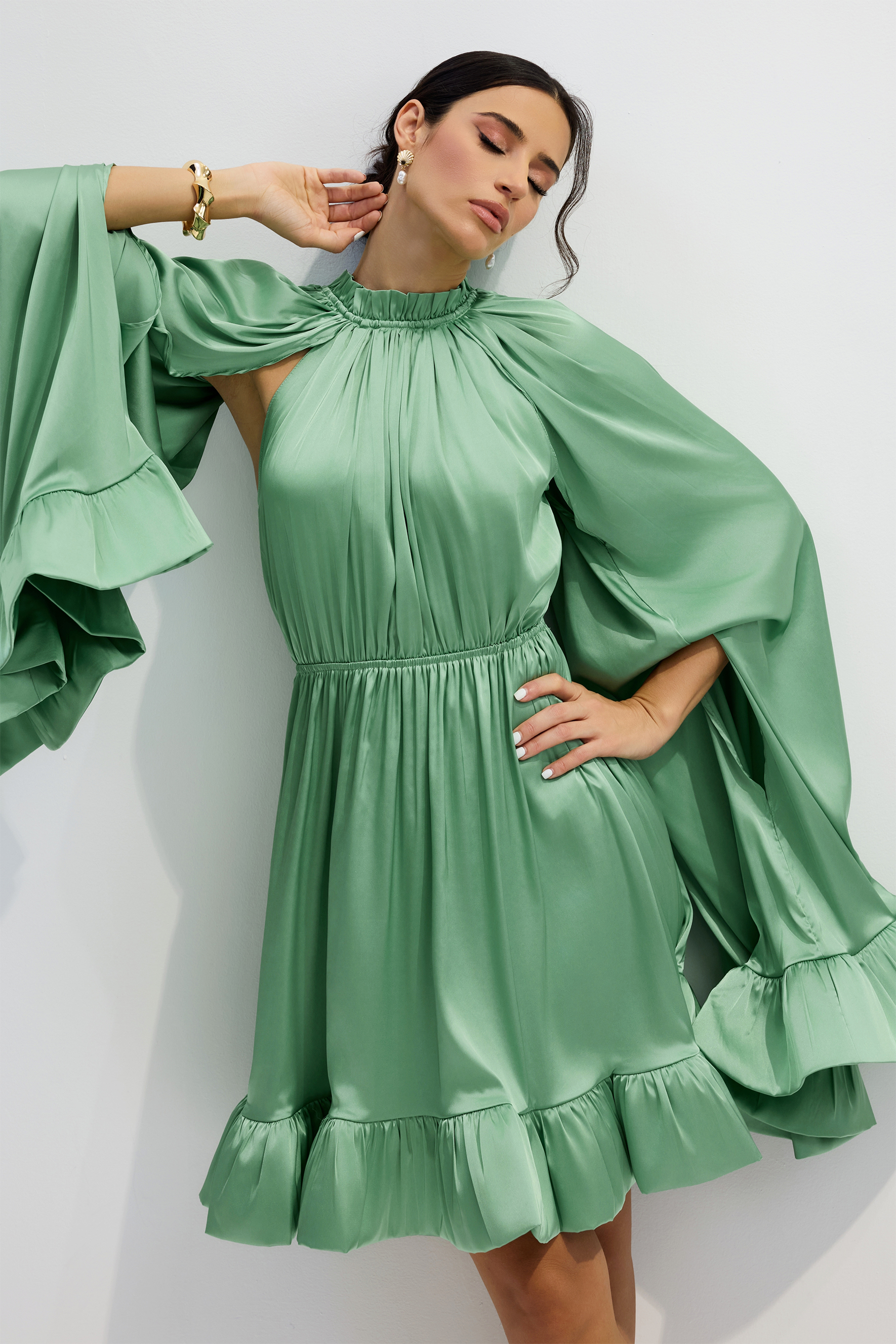 Octavia Cape Sleeve Ruffle Hem Mini Dress