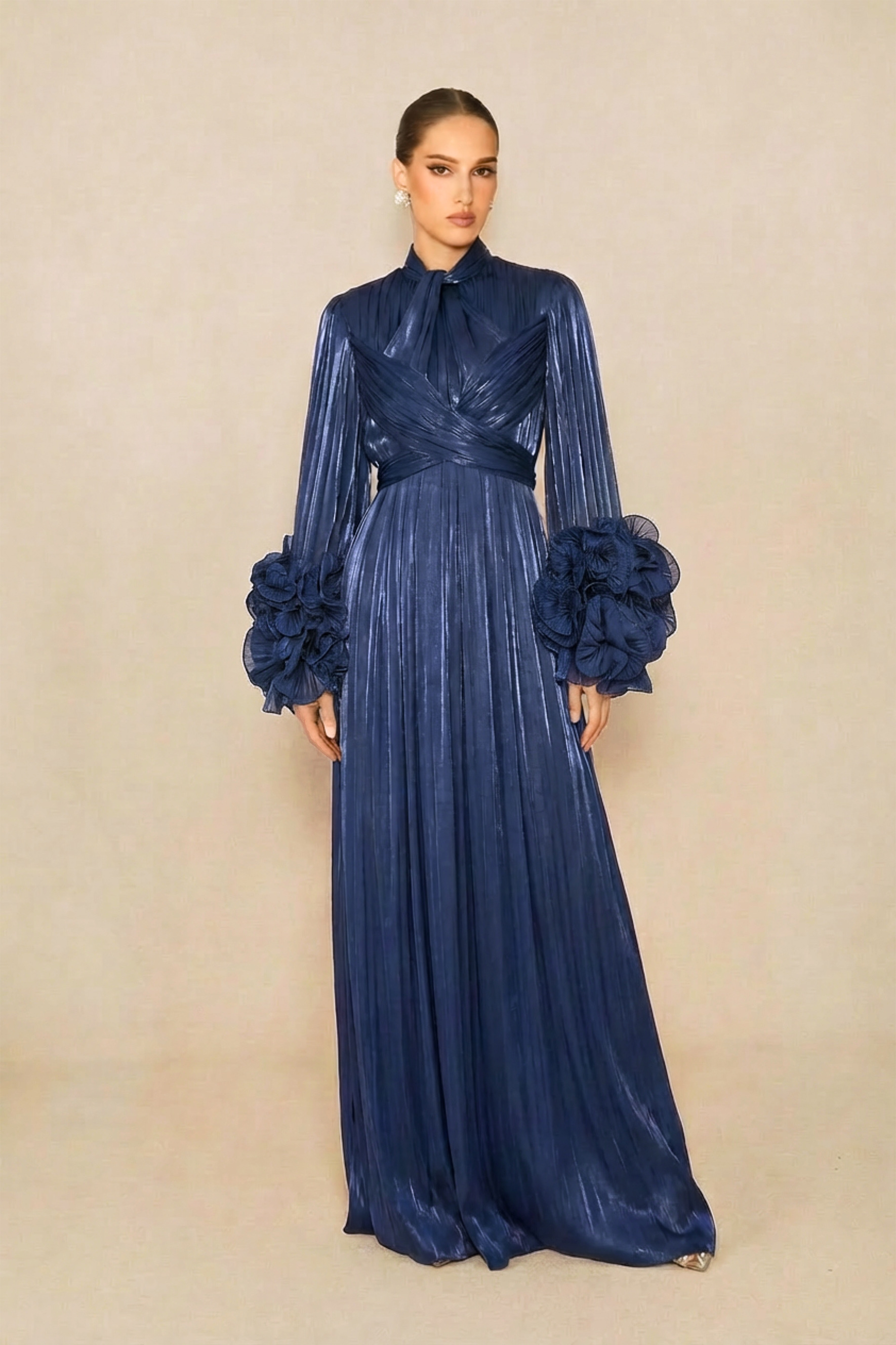 Especially Stunning Dark Blue Floral Cuff Pleated Maxi Dress