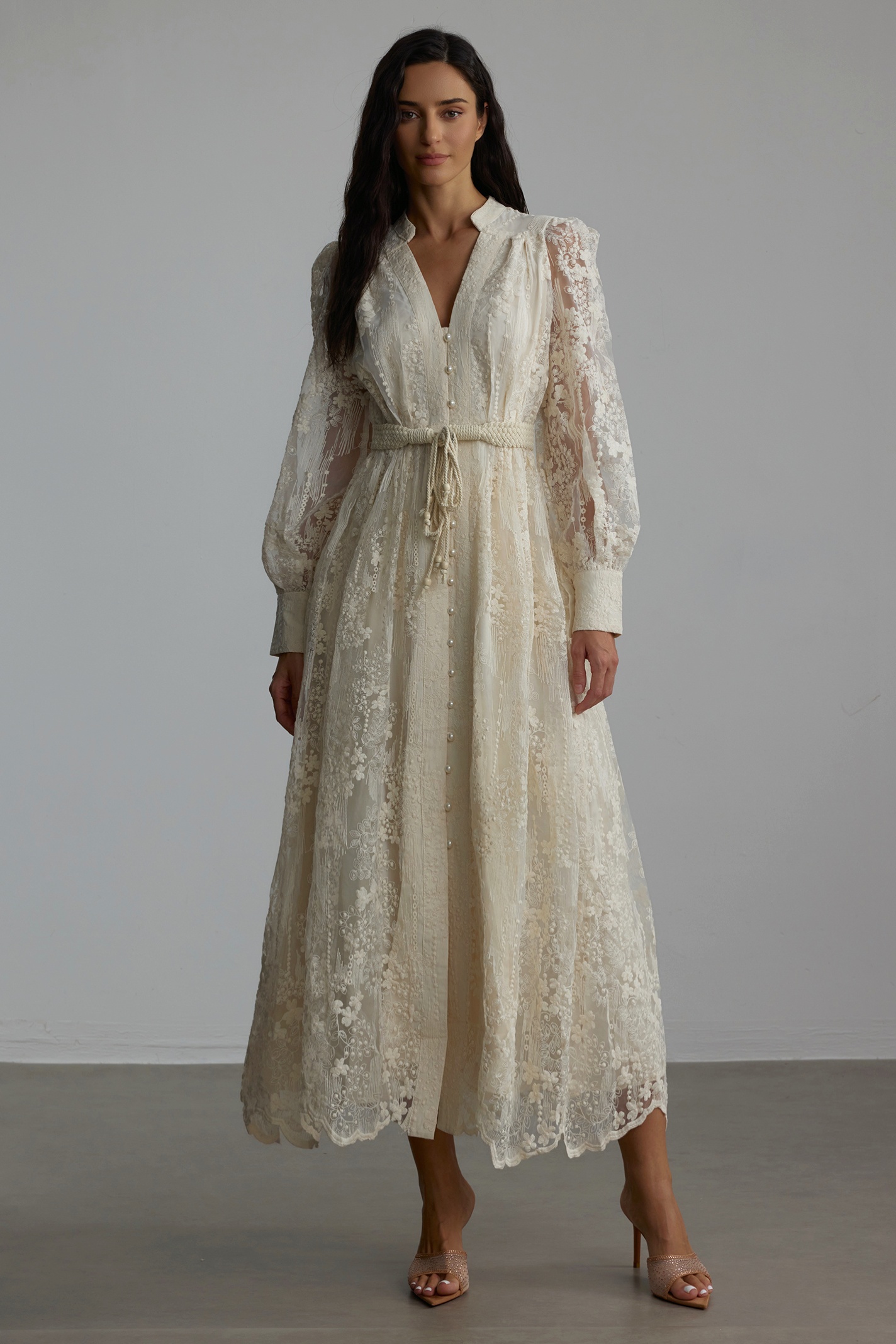 Madeline V-Neck Lace Embroidered Midi Dress