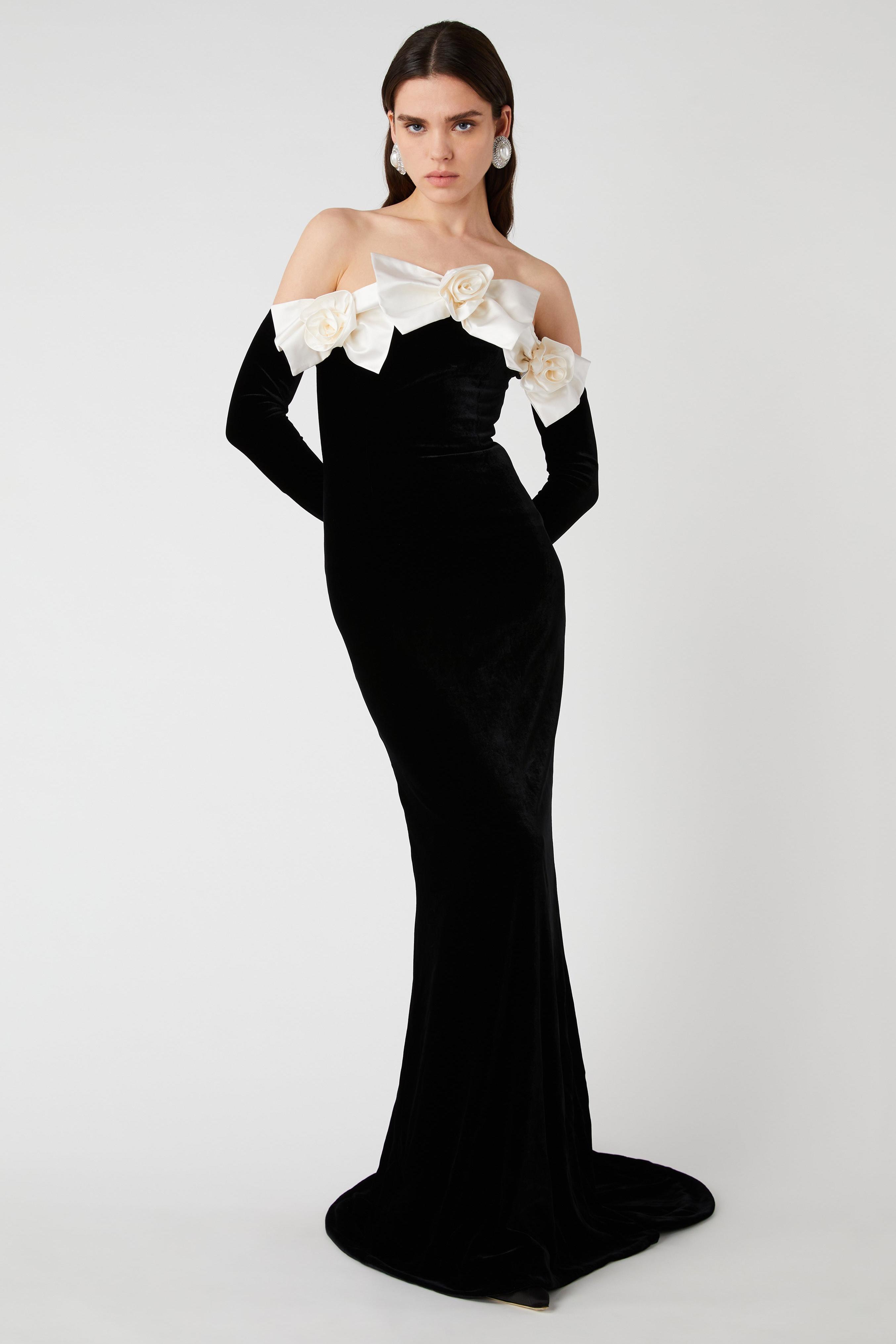 Lara Bowtie Off-shoulder Velvet Maxi Dress