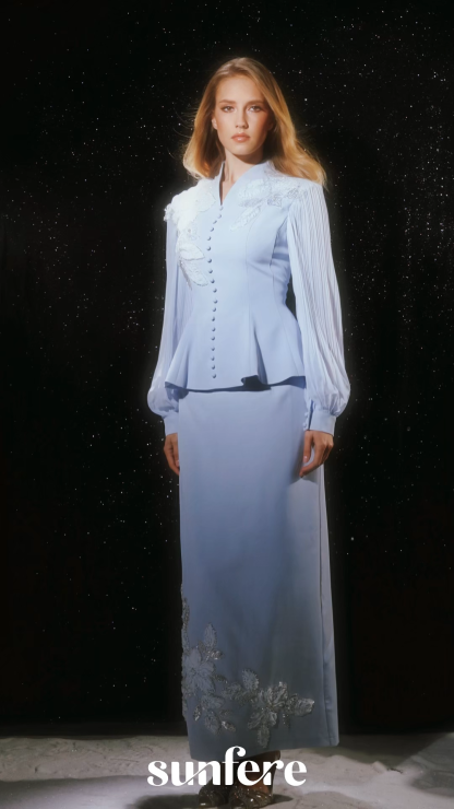 Confident Sensation Blue Floral Embroidery Pleated Sleeve Skirt Set