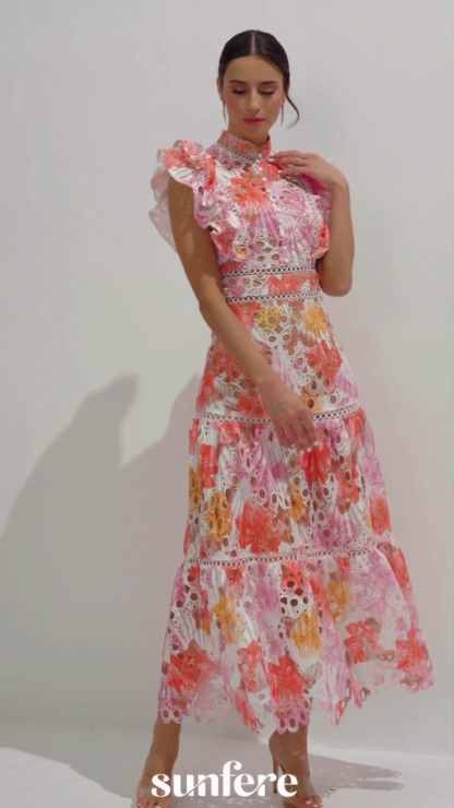 Hilda Print Lace Embroidered Maxi Dress