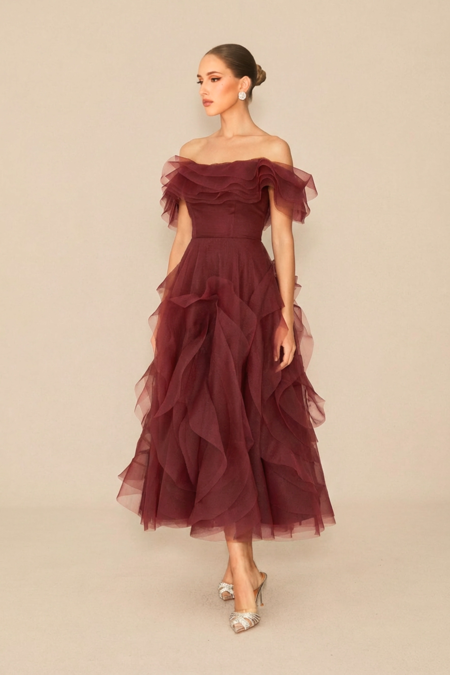 Truly Extraordinary Burgundy Off Shoulder Tiered Ruffle Organza Maxi Dress