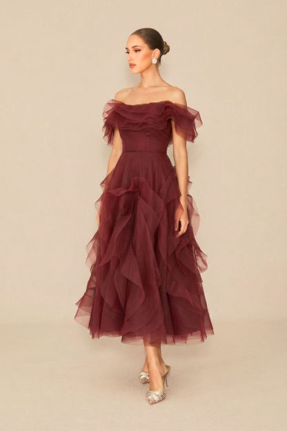 Truly Extraordinary Burgundy Off Shoulder Tiered Ruffle Organza Maxi Dress