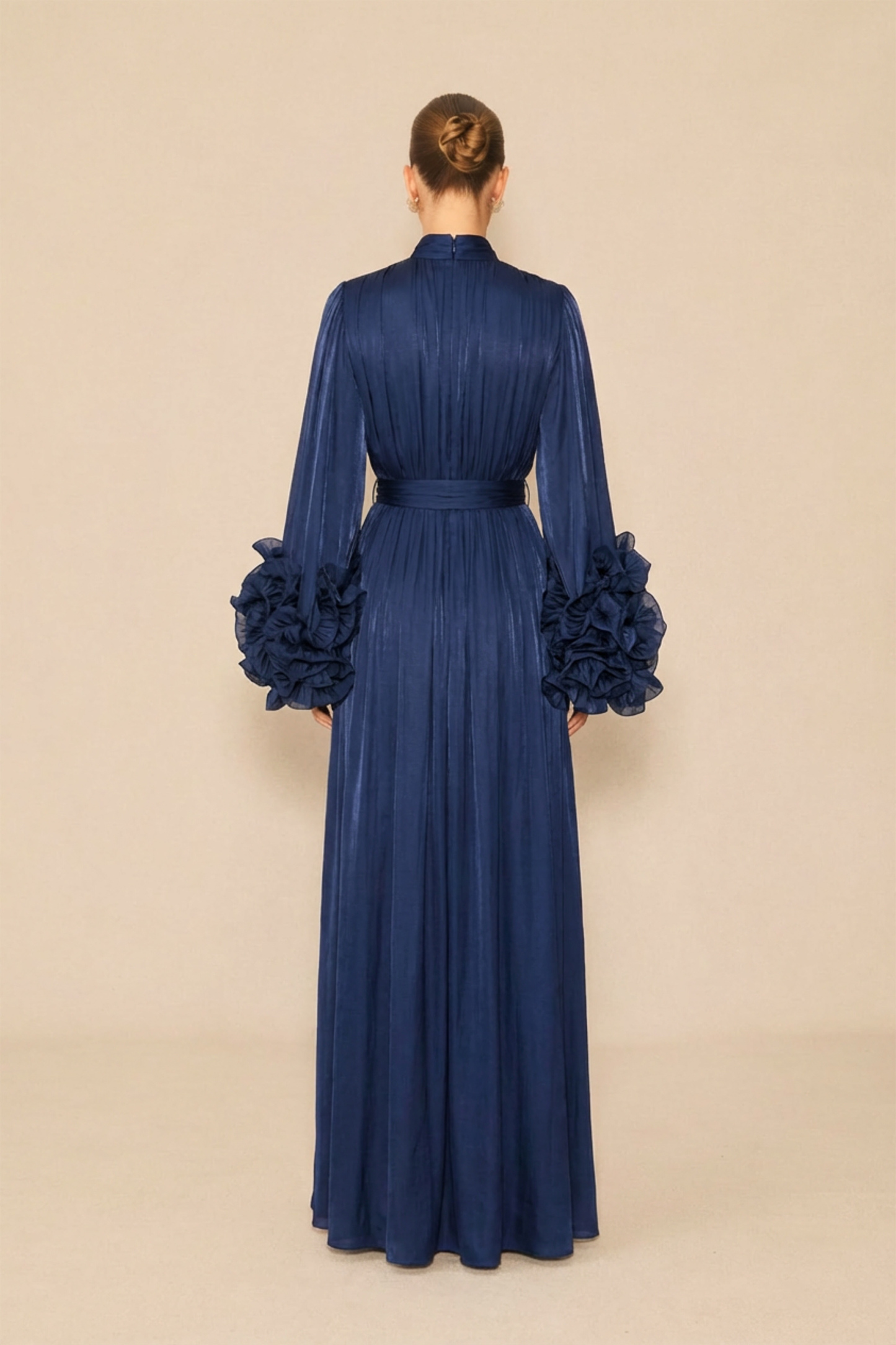 Especially Stunning Dark Blue Floral Cuff Pleated Maxi Dress