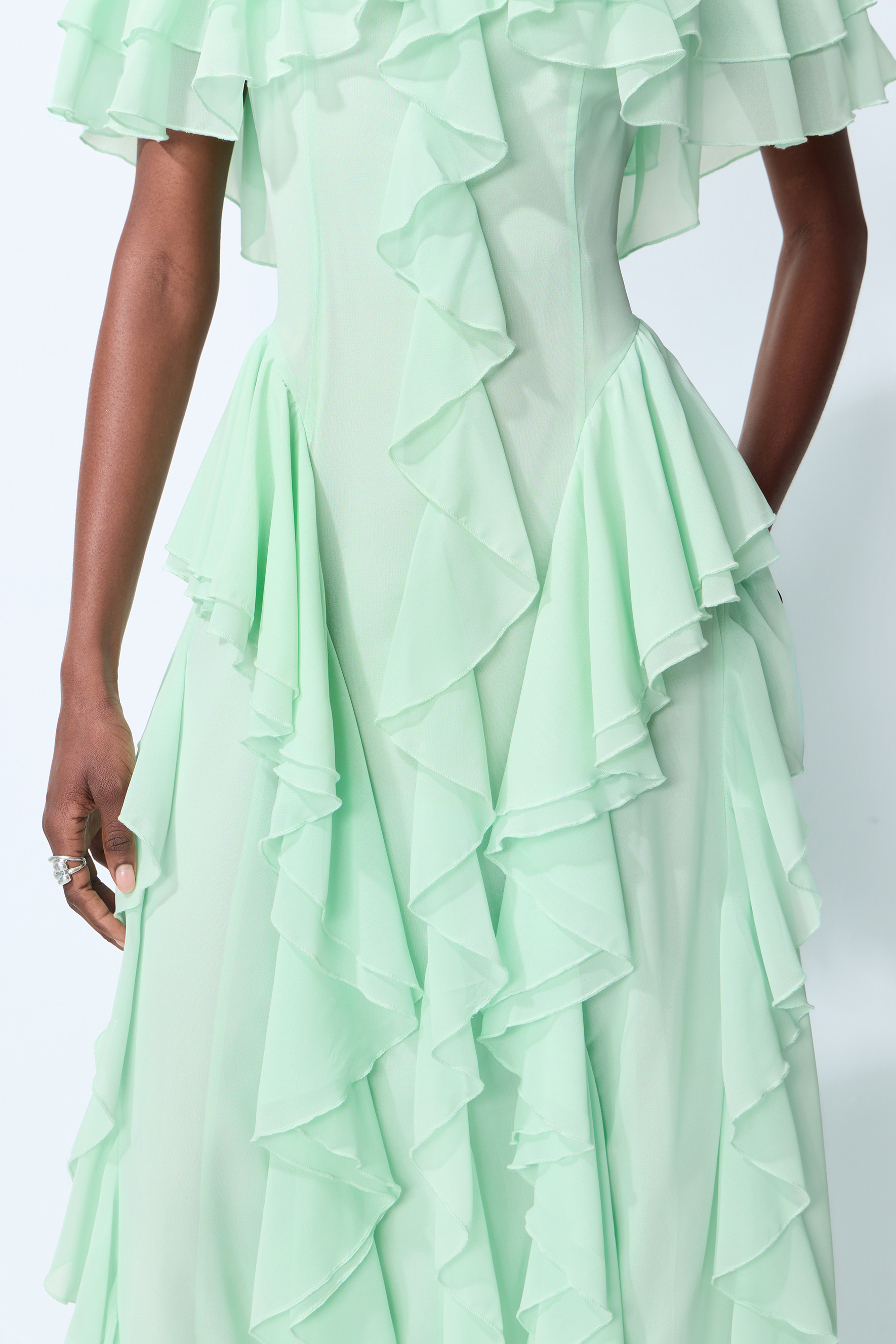 Every Love Song Green Off-The-Shoulder Ruffle Maxi Dress