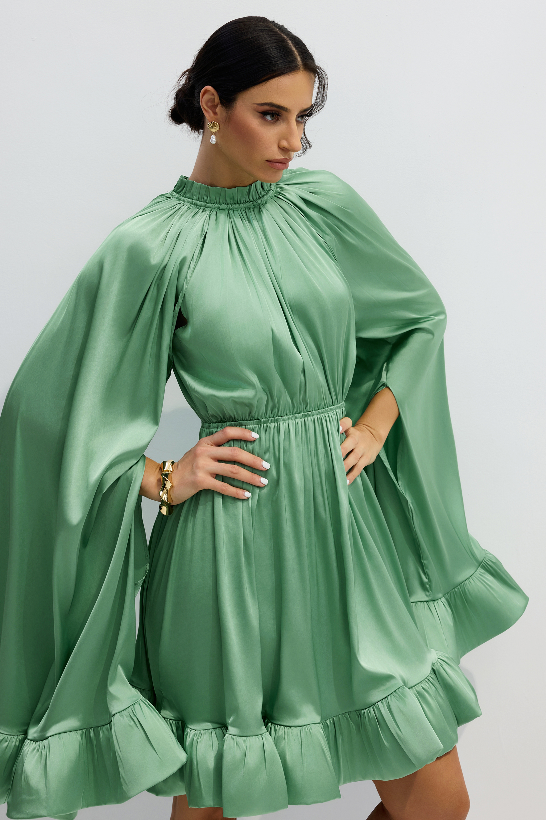 Octavia Cape Sleeve Ruffle Hem Mini Dress