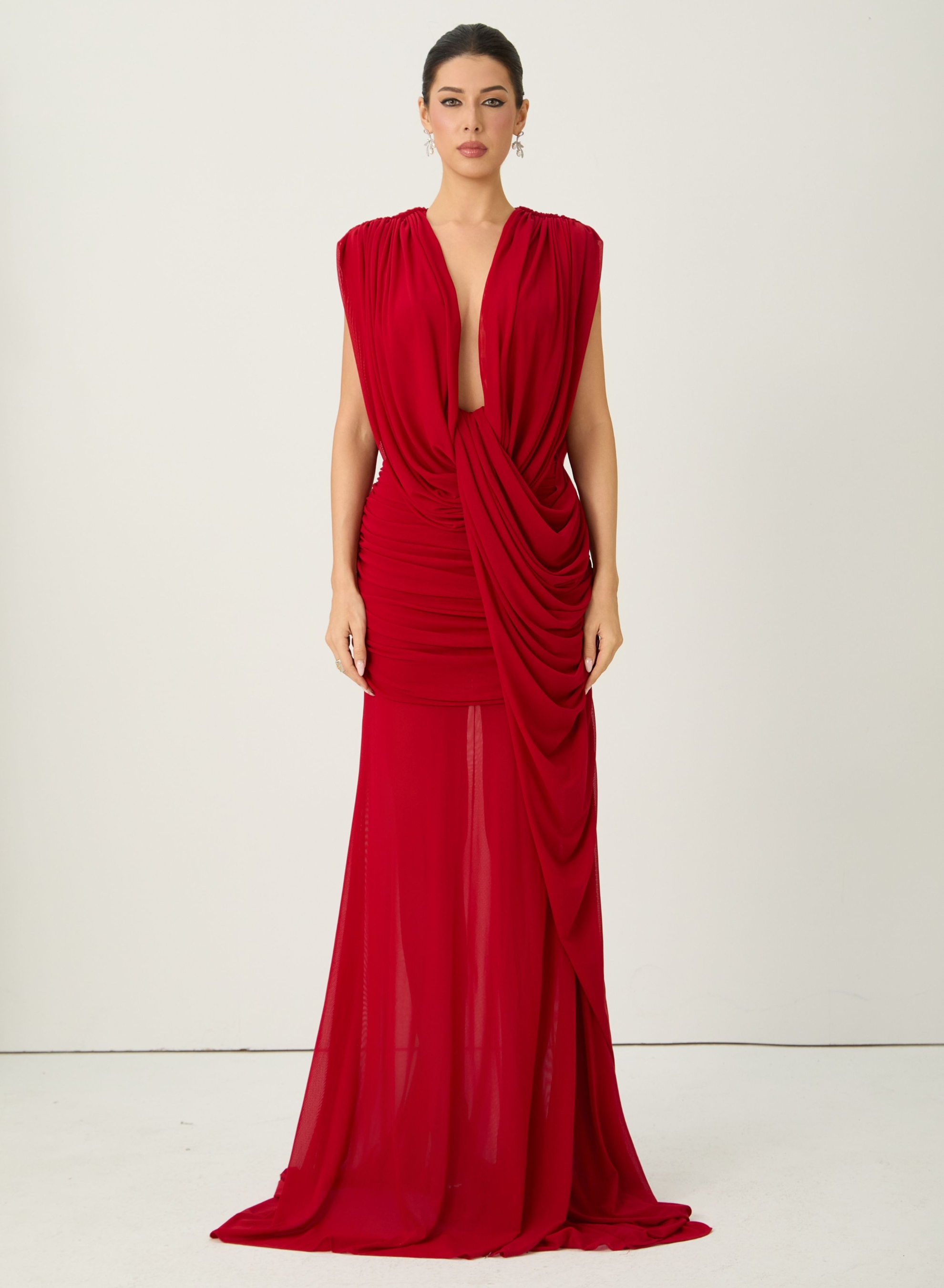 See The City Red Deep V-Neck Ruched Maxi Dress