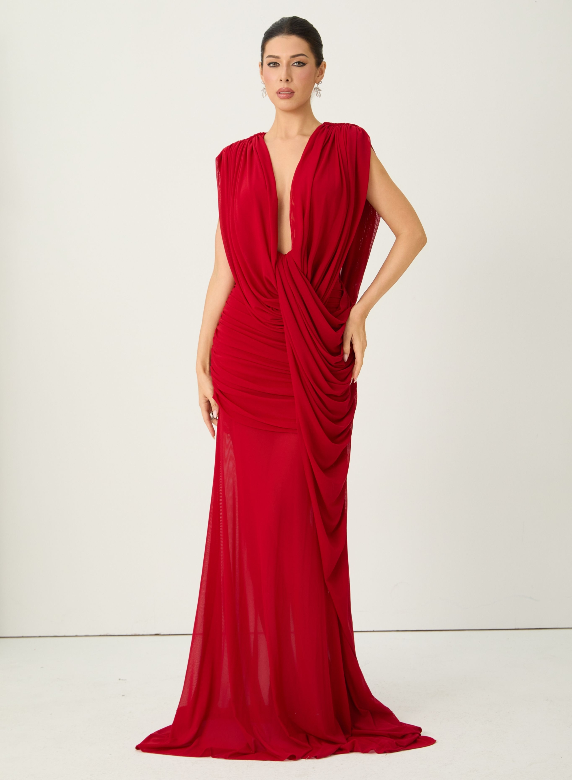 See The City Red Deep V-Neck Ruched Maxi Dress
