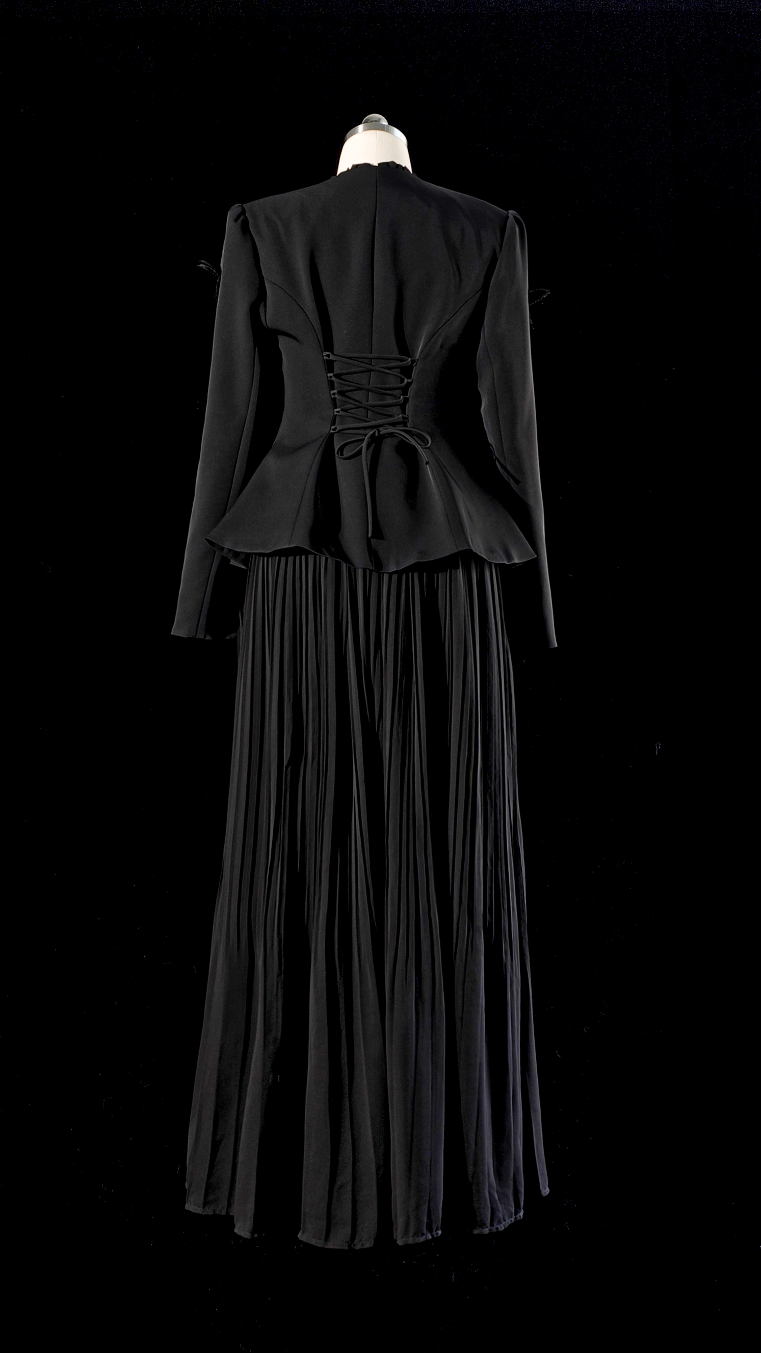 Graceful Midnight Black Butterfly Applique Jacket & Pleated Dress Set