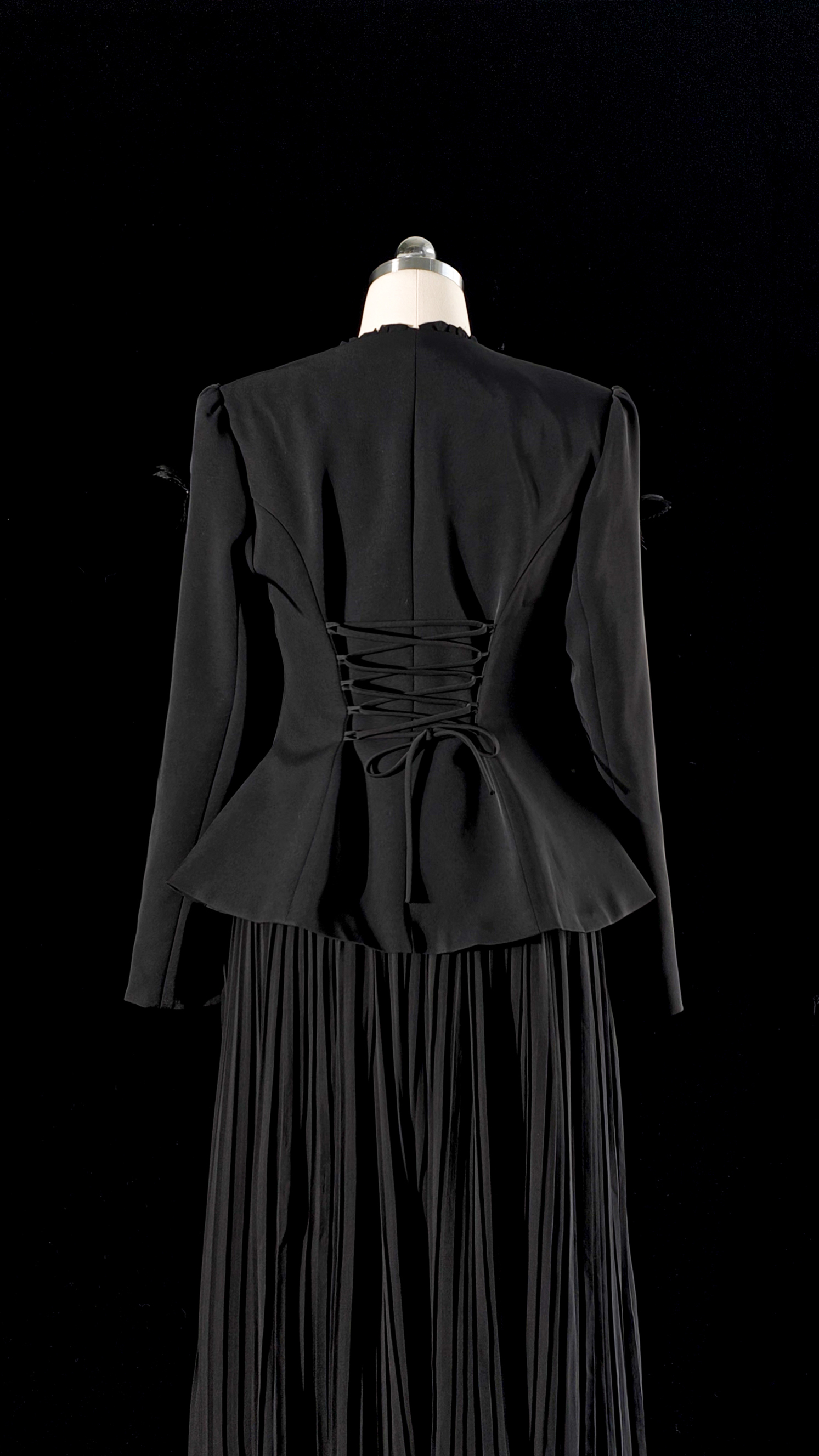 Graceful Midnight Black Butterfly Applique Jacket & Pleated Dress Set