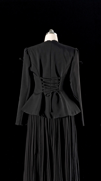 Graceful Midnight Black Butterfly Applique Jacket & Pleated Dress Set